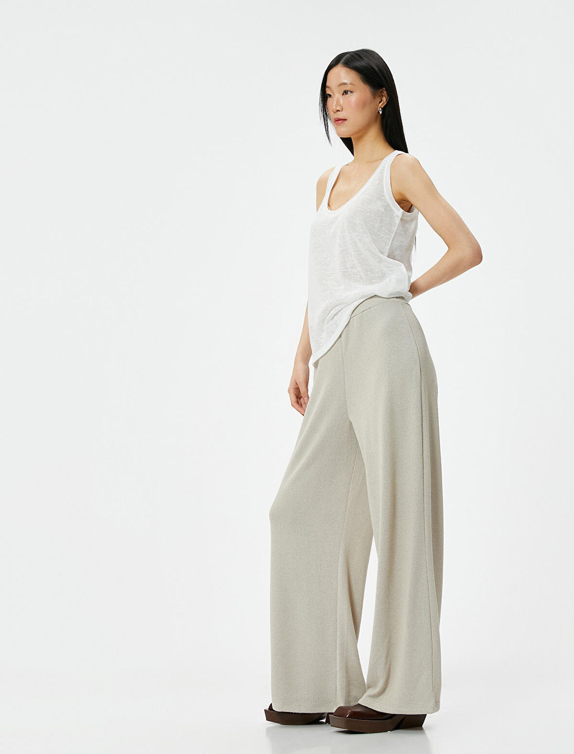 Bol Paça Pantolon Normal Bel Lastikli Viskon Karışımlı