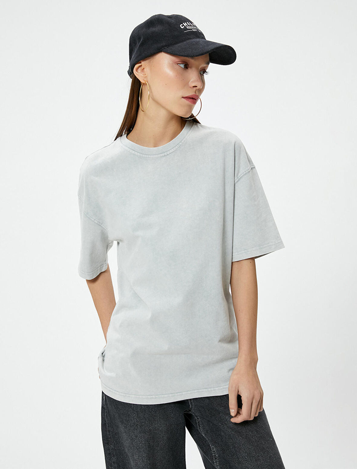 Basic Oversize Tişört Kısa Kollu Bisiklet Yaka Pamuklu