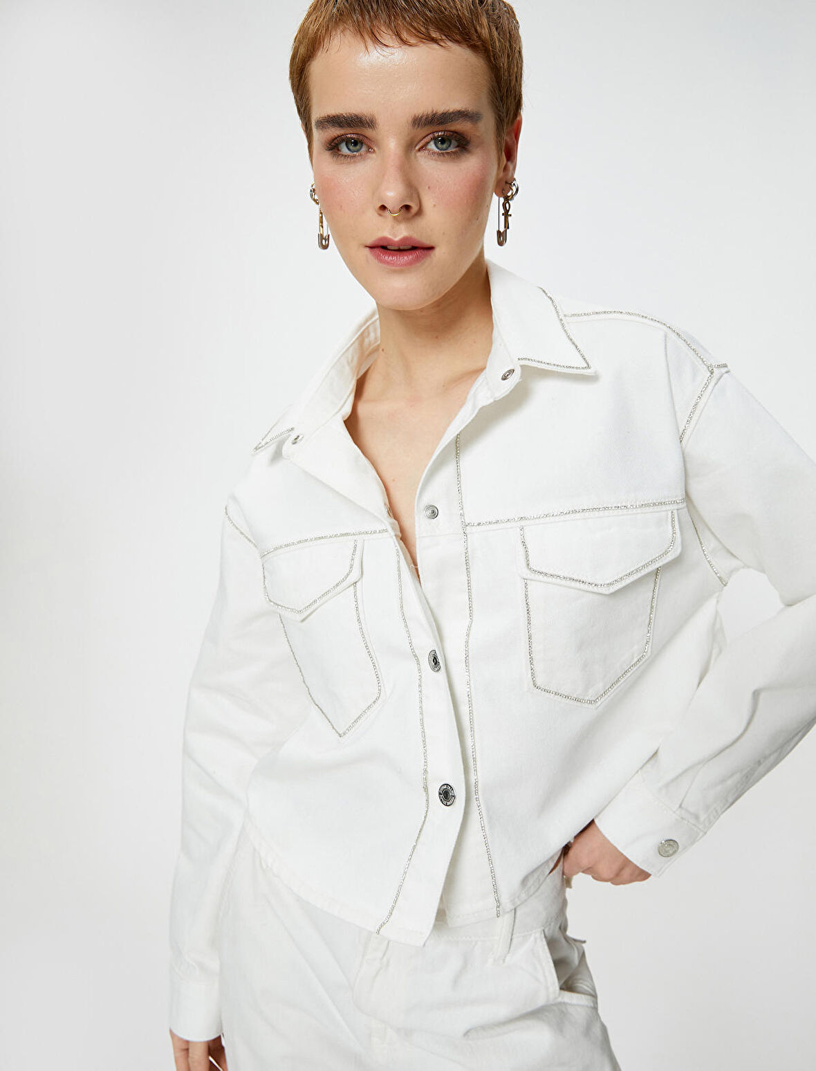 Taşlı Kot Ceket Kapaklı Cepli Gömlek Yaka Pamuklu