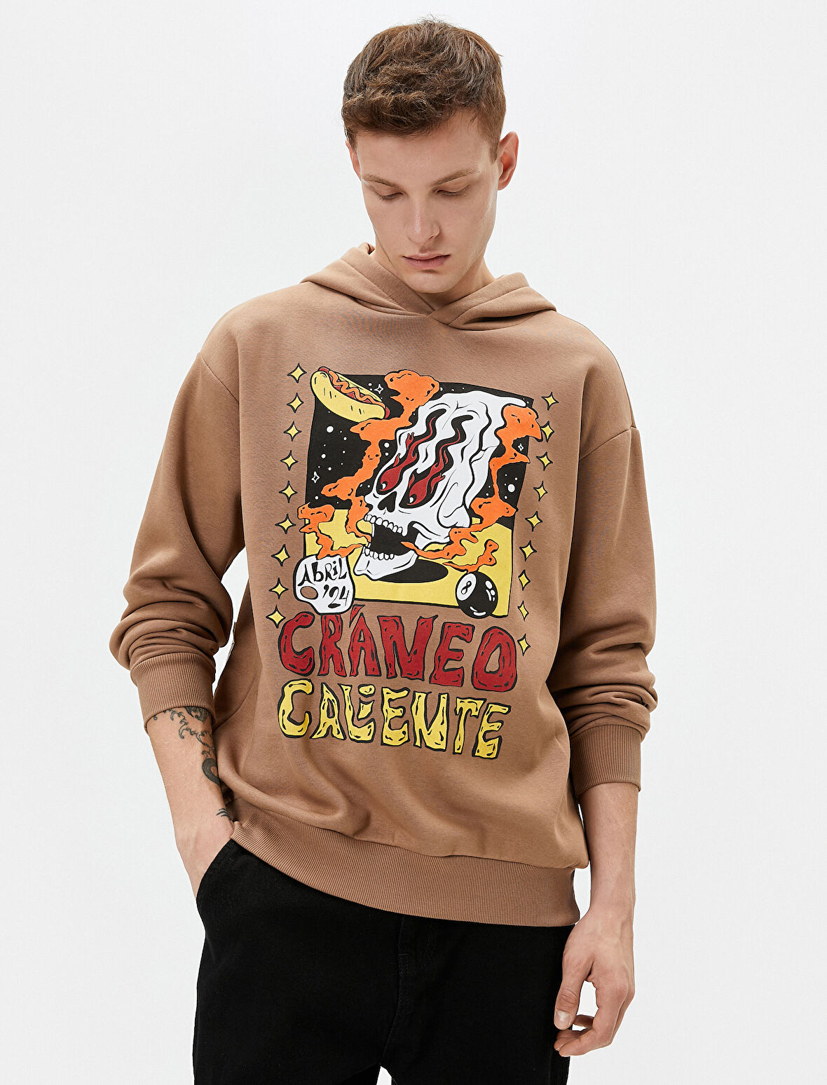 Oversize Hoodie Kuru Kafa Baskılı Etiket Detaylı