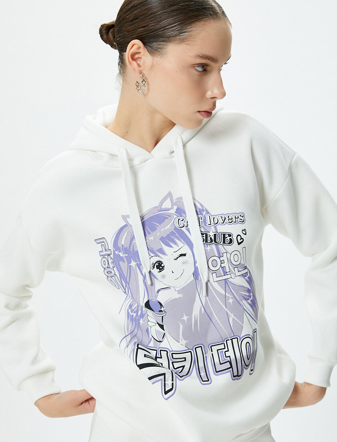 Anime Kapşonlu Sweatshirt Uzun Kollu Rahat Kesim Pamuklu