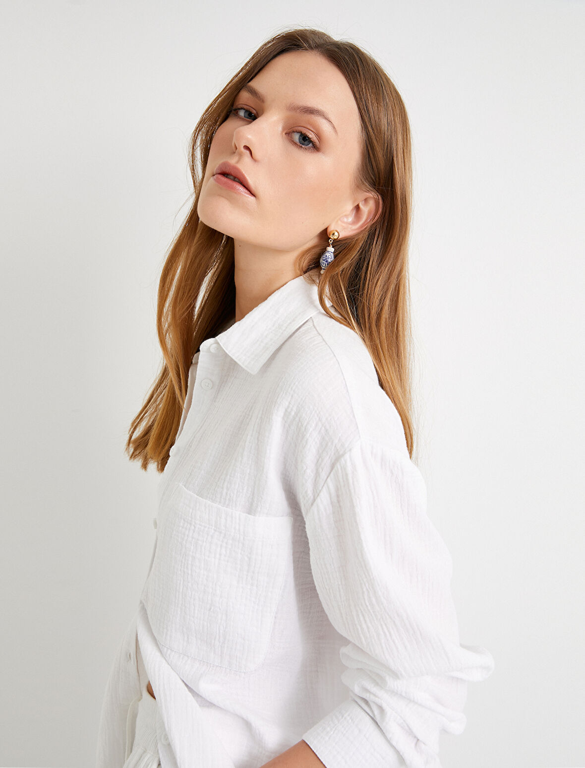 Müslin Oversize Gömlek Uzun Kollu Cep Detaylı Düğmeli