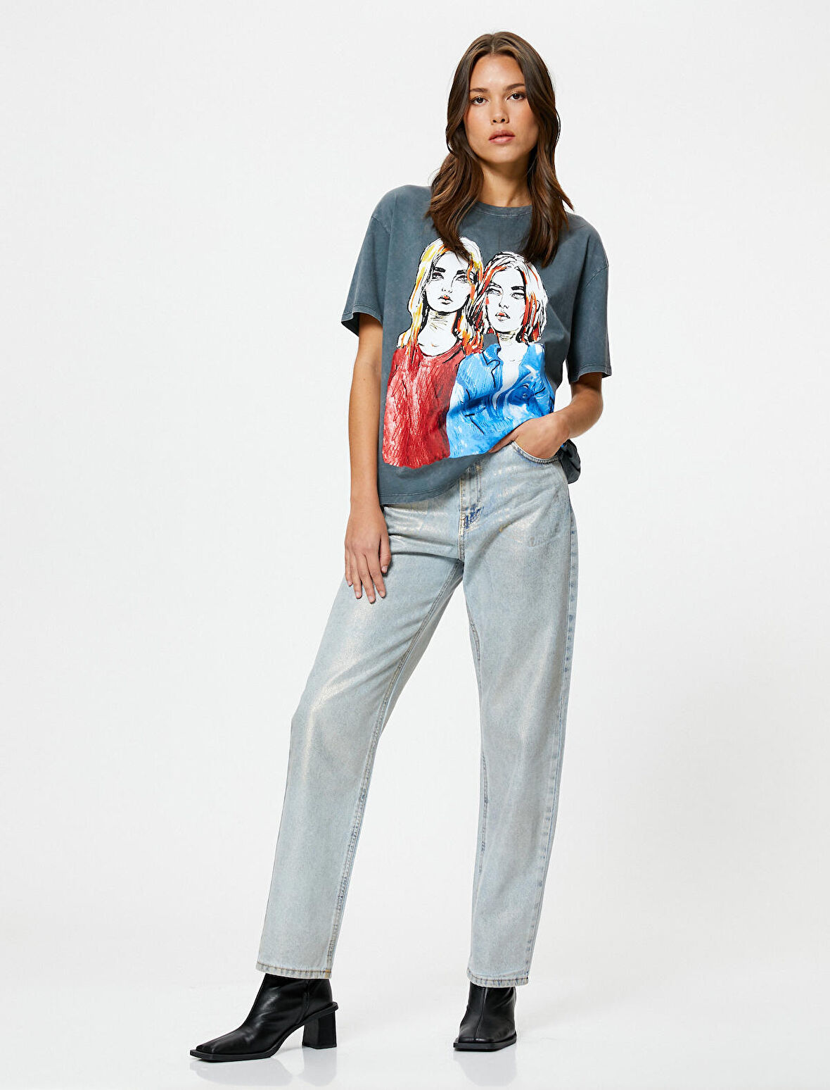 Baskılı Tişört Kısa Kollu Bisiklet Yaka Soluk Efektli Regular Fit