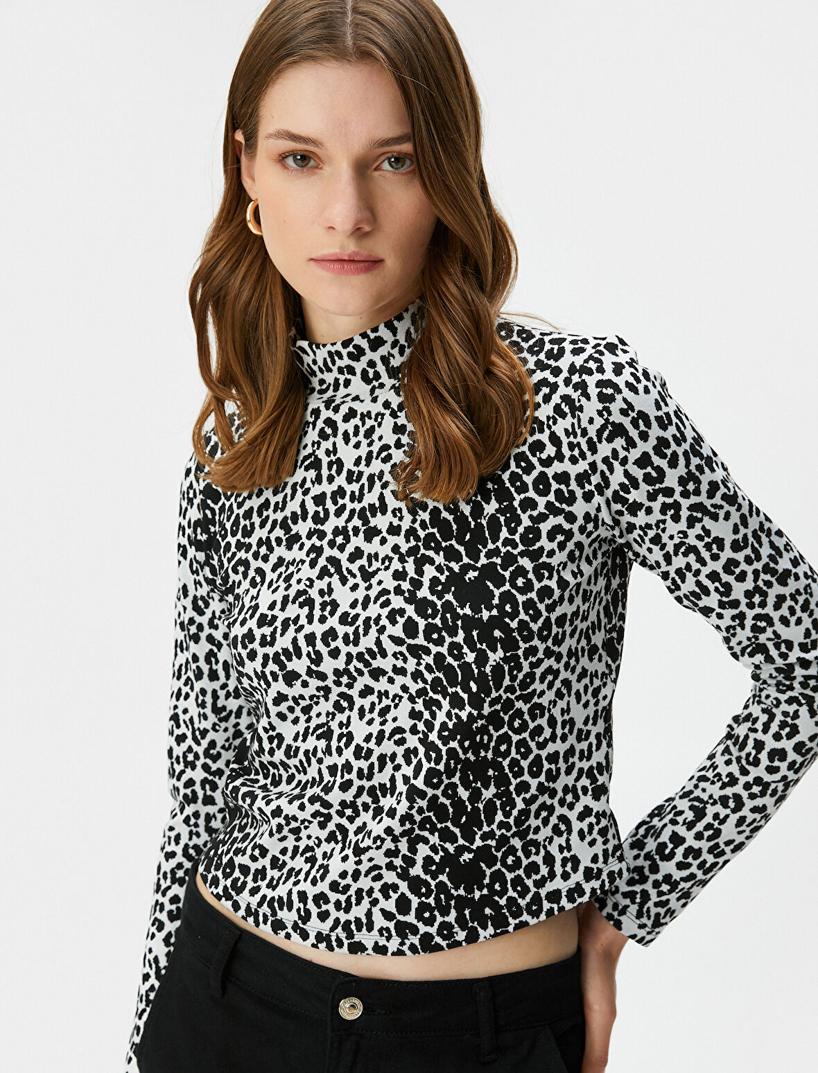 Leopar Desenli Tişört Uzun Kollu Dik Yaka