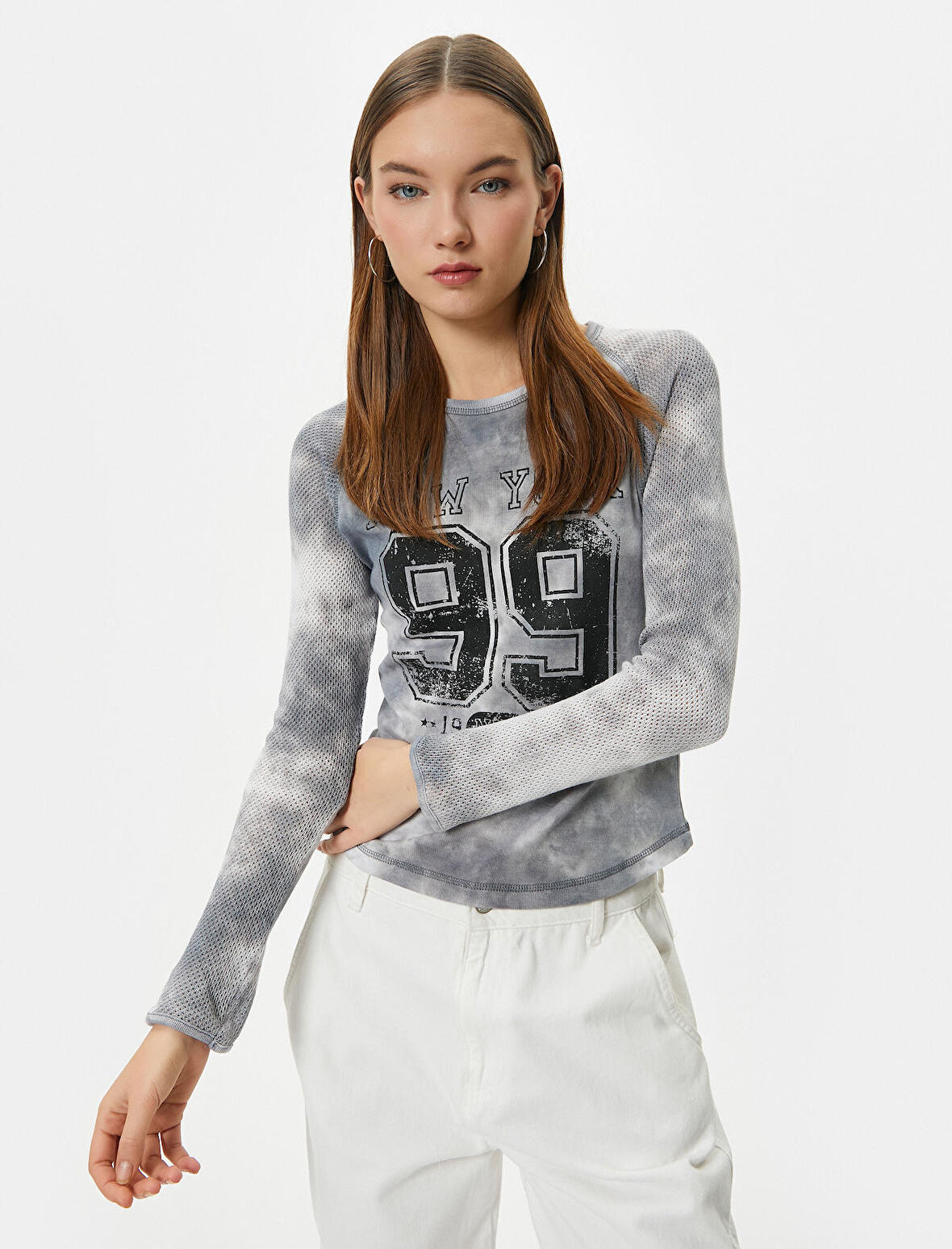 Fileli Tişört Kolej Temalı Baskılı Batik Desenli Uzun Kollu Pamuklu Slim Fit 