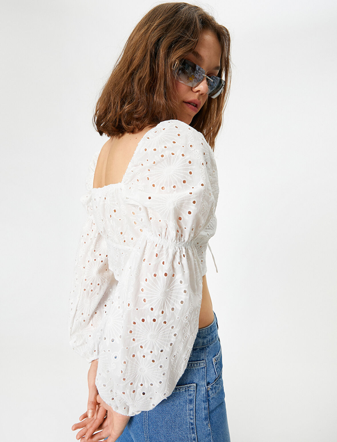 Fisto Crop Bluz Balon Kol Kalp Yaka Bağlama Detaylı Slim Fit