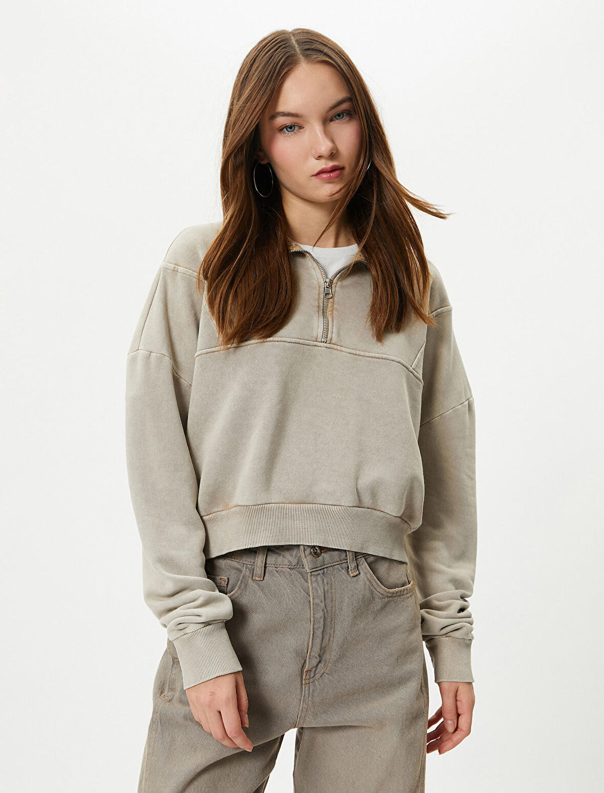Crop Yarım Fermuarlı Sweatshirt Dik Yaka Soluk Efektli Pamuk Karışımlı