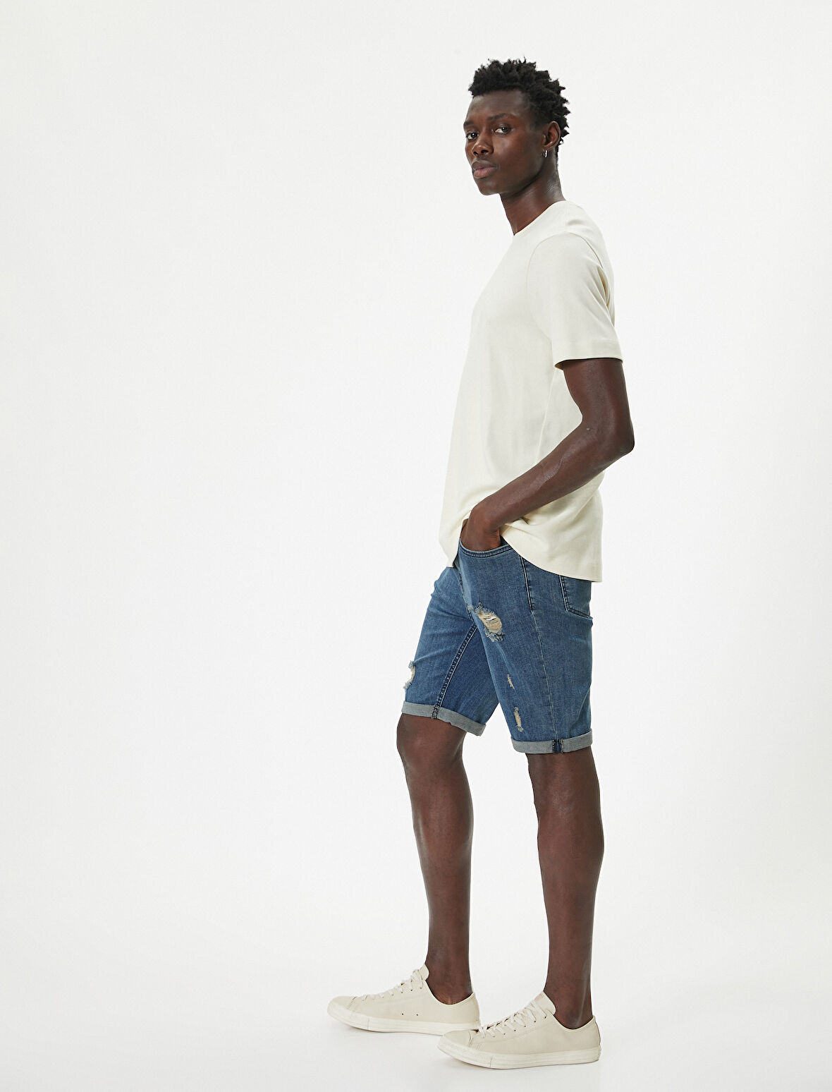 Slim Fit Kot Şort Yırtık Bermuda Cep Detaylı Katlı Paça Pamuklu