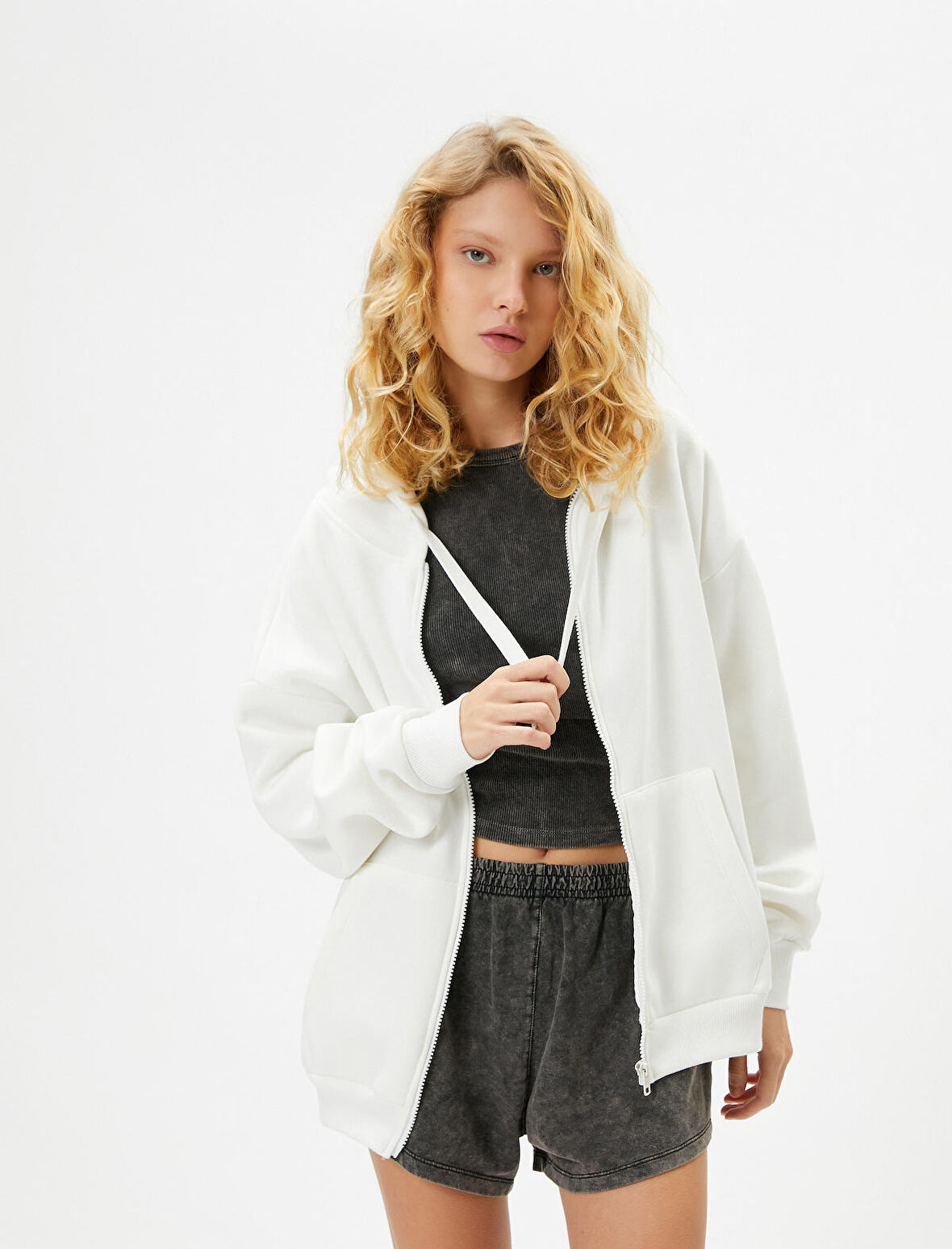 Basic Oversize Fermuarlı Sweatshirt Kapüşonlu Uzun Kanguru Cepli 