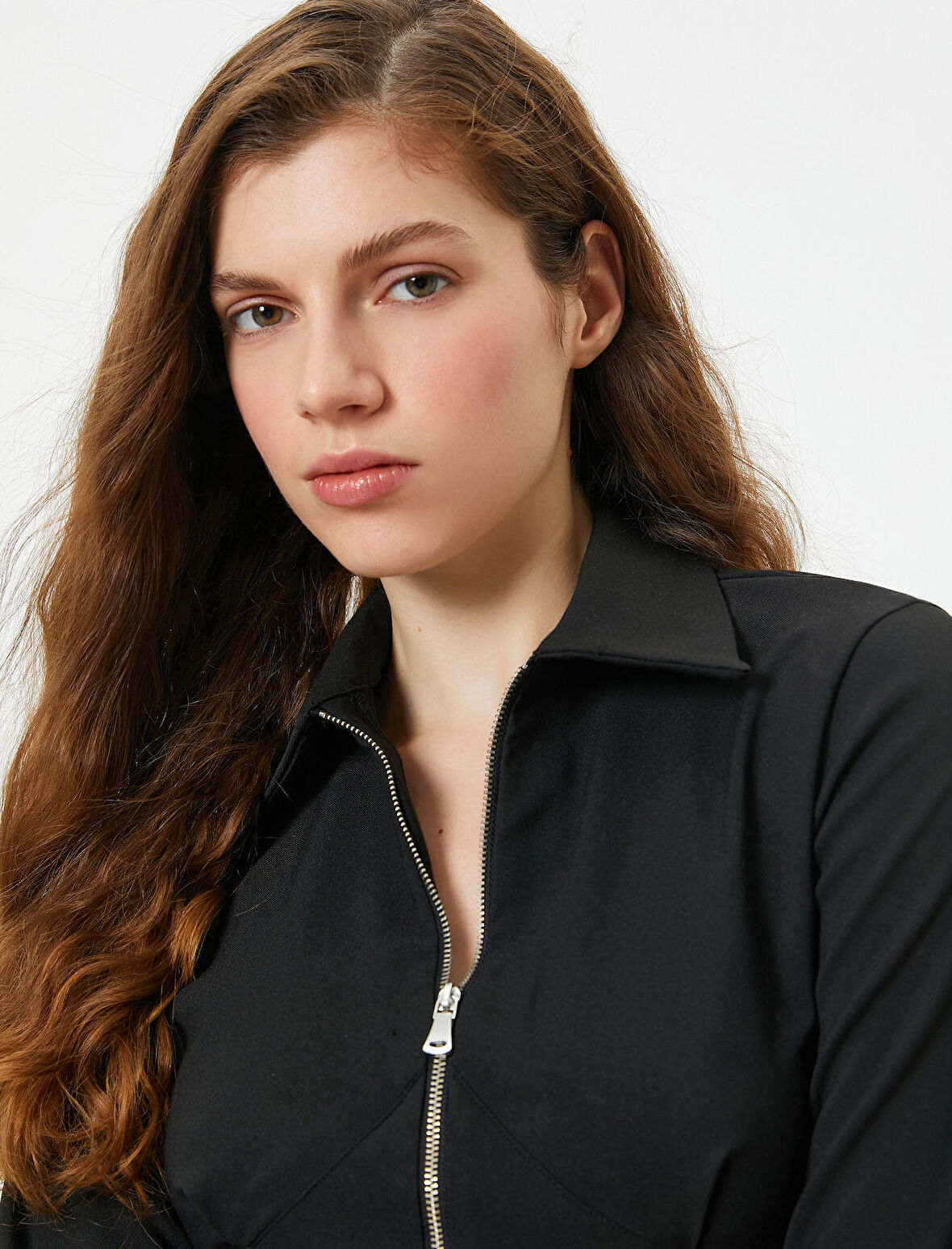 Crop Bluz Fermuarlı Slim Fit Dikiş Detaylı Uzun Kollu