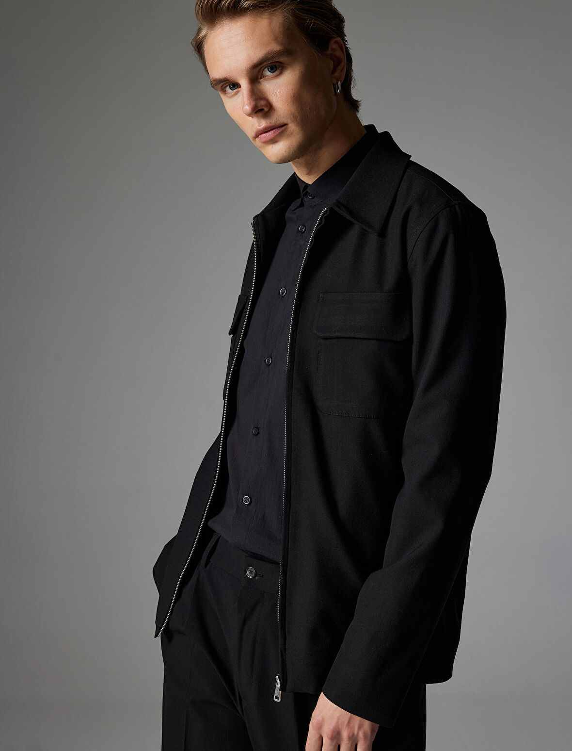 Polo Yaka Ceket Fermuarlı Cep Detaylı Slim Fit