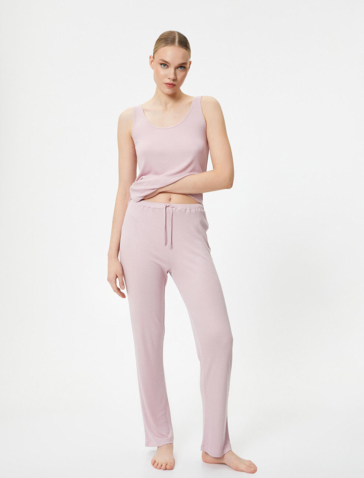 Düz Paça Pijama Altı Dokulu Beli Bağcıklı Modal Karışımlı