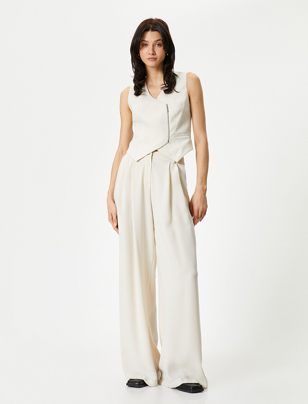 Blazer Yelek Anvelop Fermuar Detaylı V Yaka Fleto Cepli