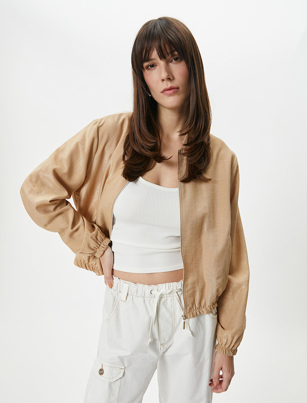 Bomber Ceket Fermuarlı Cepli Hakim Yaka Viskon