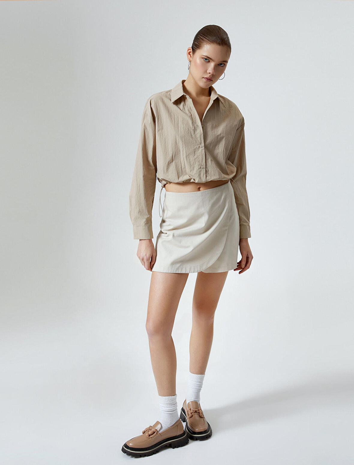 Paraşüt Kumaş Crop Gömlek Oversize Beli Lastikli