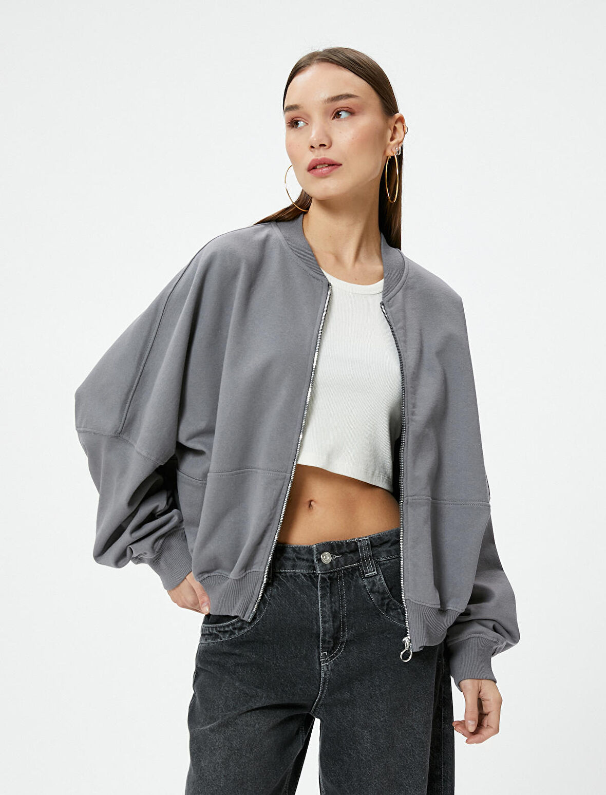 Fermuarlı Sweatshirt Rahat Kalıp Yuvarlak Yaka Uzun Balon Kollu Pamuklu