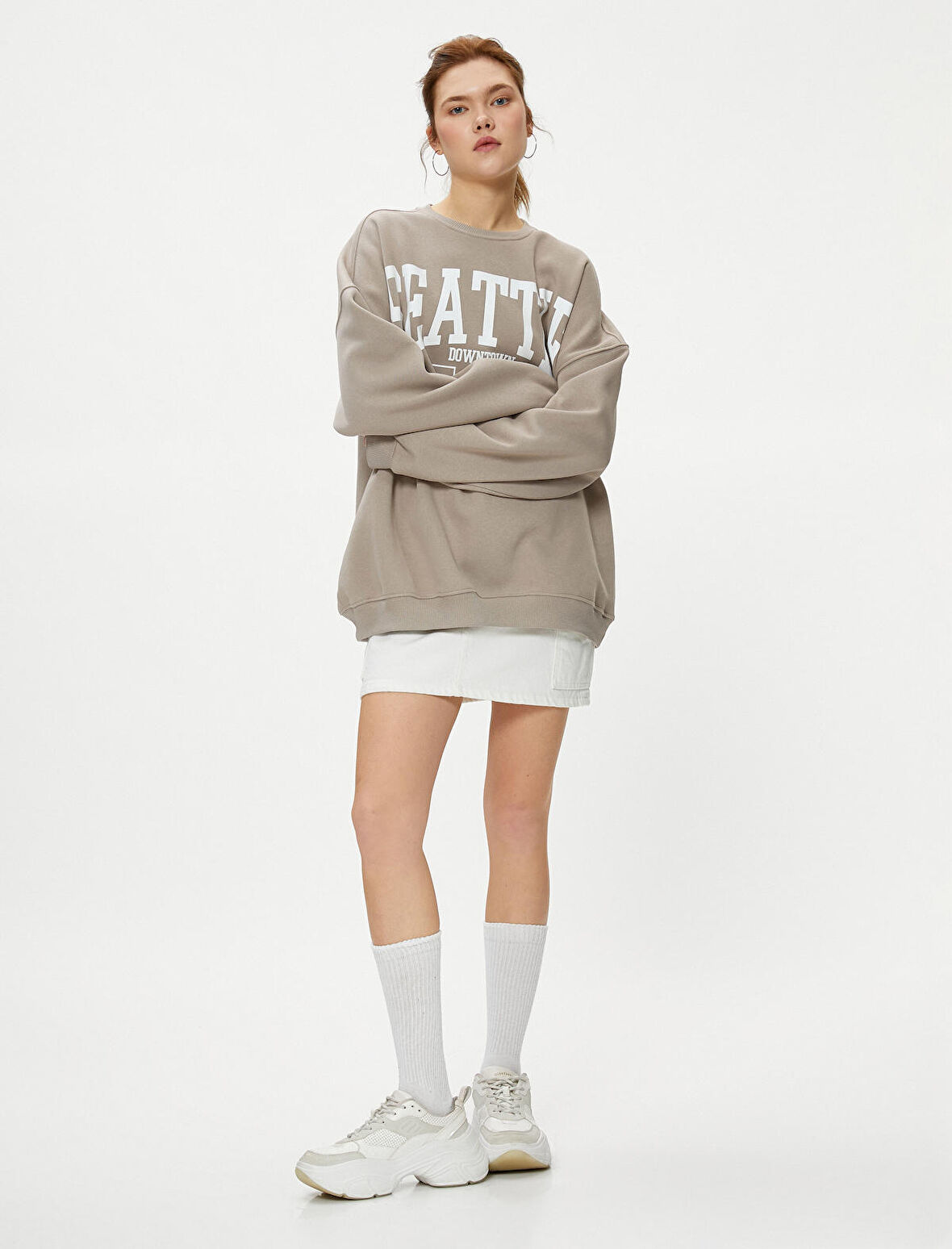 Kolej Sweatshirt Rahat Kalıp Baskılı Uzun Kollu Bisiklet Yaka
