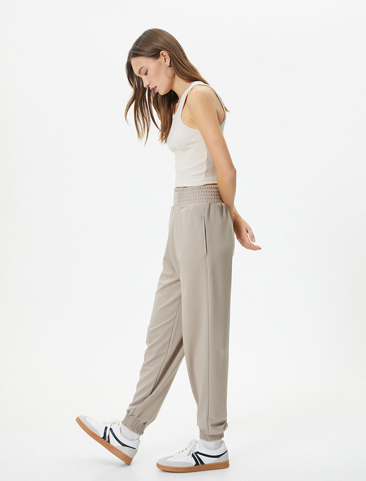 Jogger Eşofman Altı Yüksek Bel Rahat Kalıp Cepli Pamuk Karışımlı