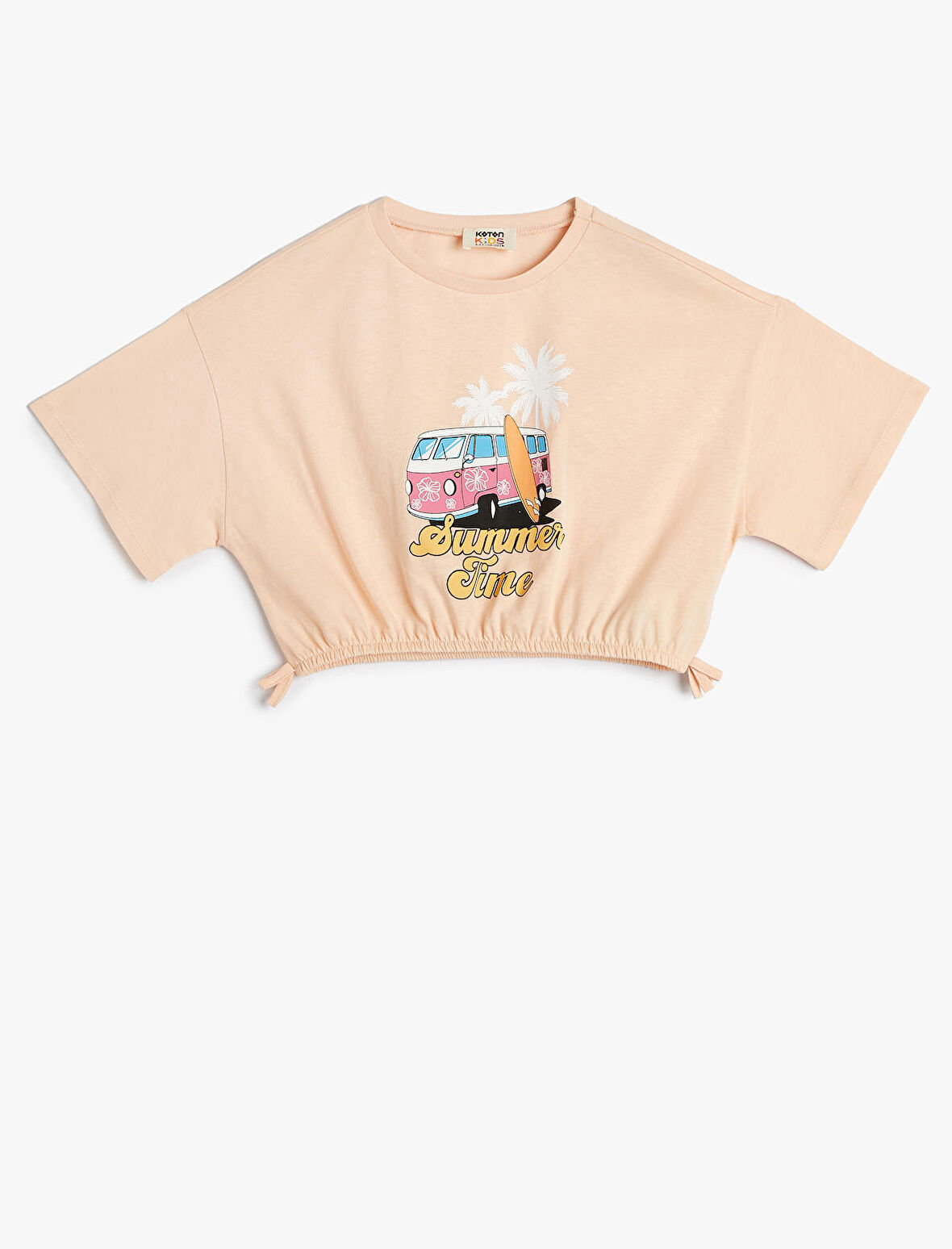 Crop Tişört Tropik Baskılı Beli Lastikli Kısa Kollu Pamuklu