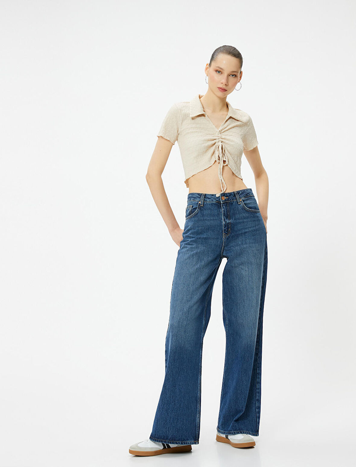 Crop Polo Yaka Tişört Önden Büzgülü Bağlamalı Dokulu