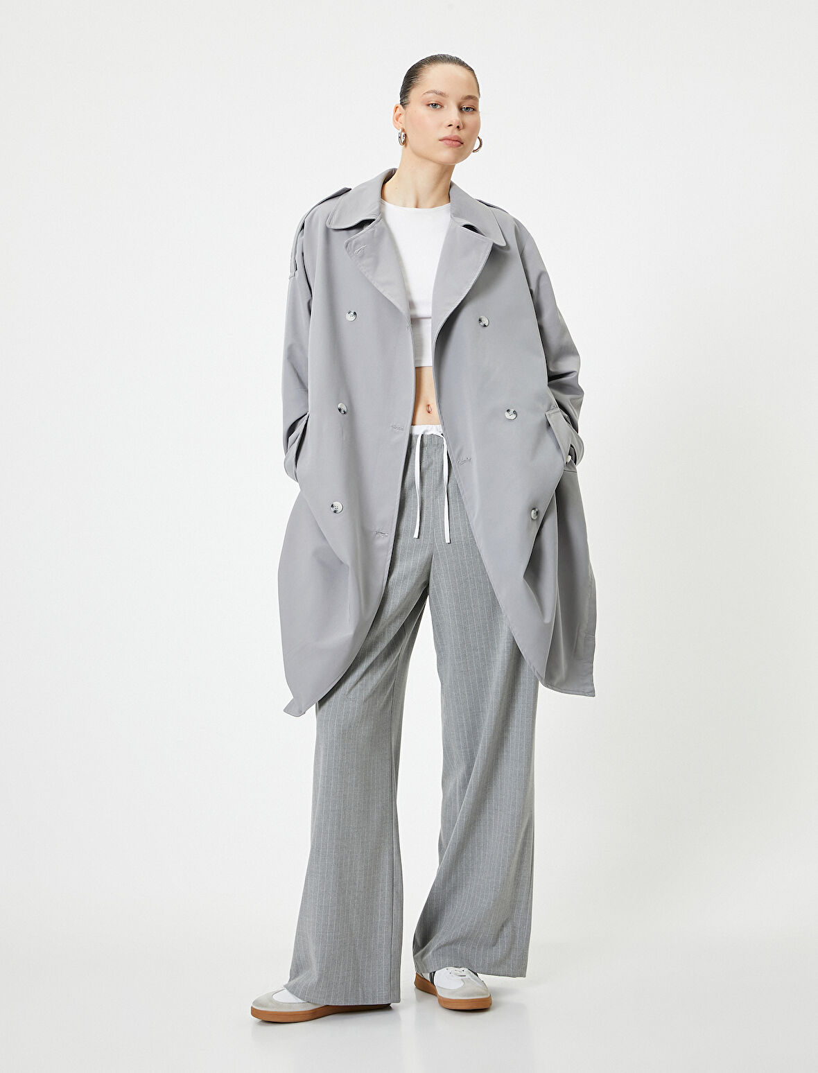 Trençkot Uzun Kruvaze Düğmeli Apolet Detaylı