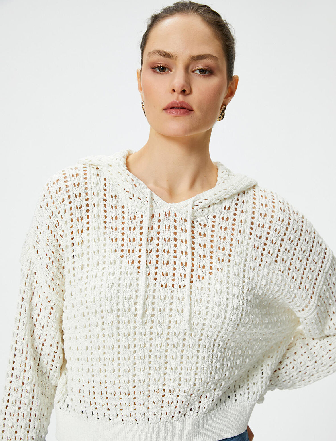 Crop Ajurlu Kazak Kapüşonlu Uzun Kollu