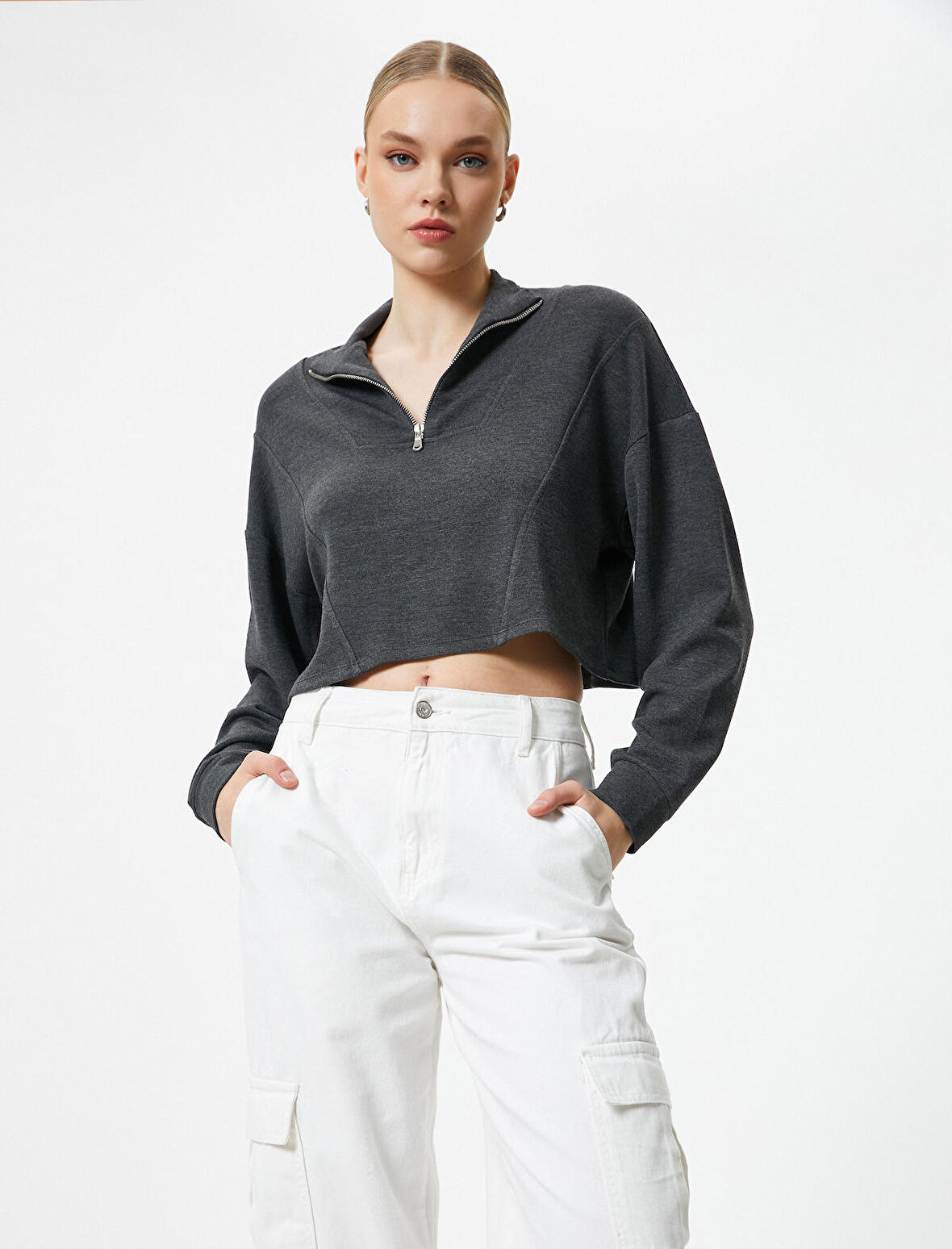 Yarım Fermuarlı Sweatshirt Crop Uzun Kollu
