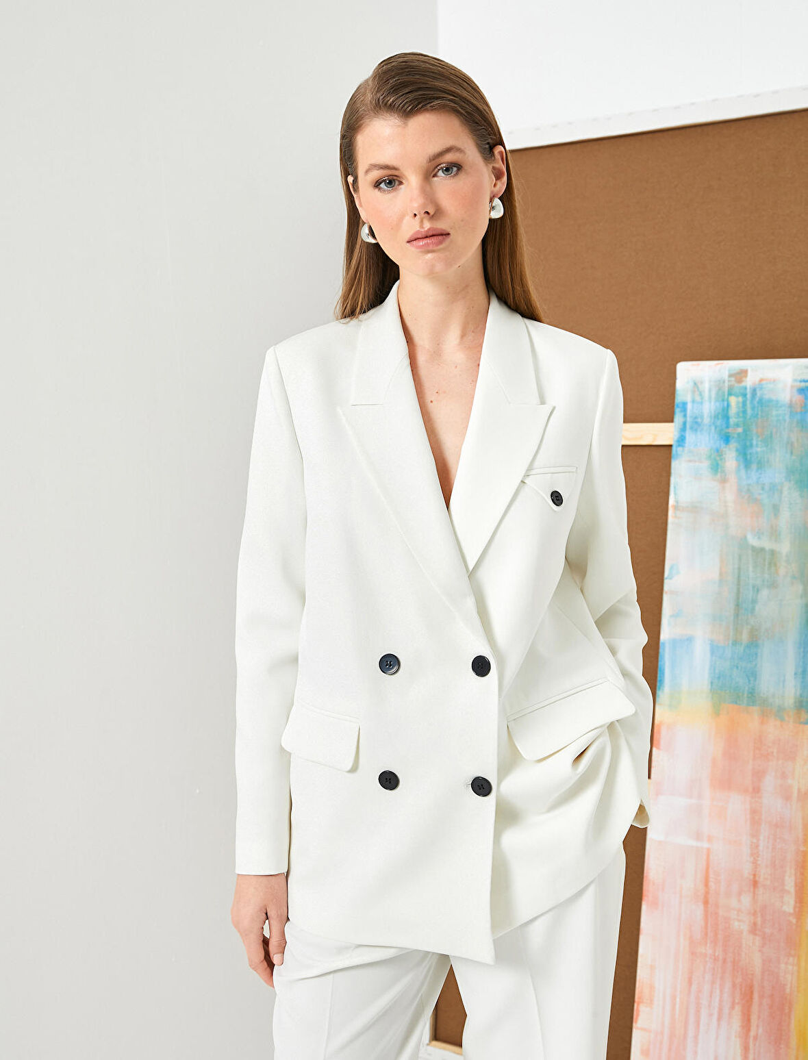 Oversize Blazer Ceket Kruvaze Ters Yaka Astarlı Kapaklı Çift Cep