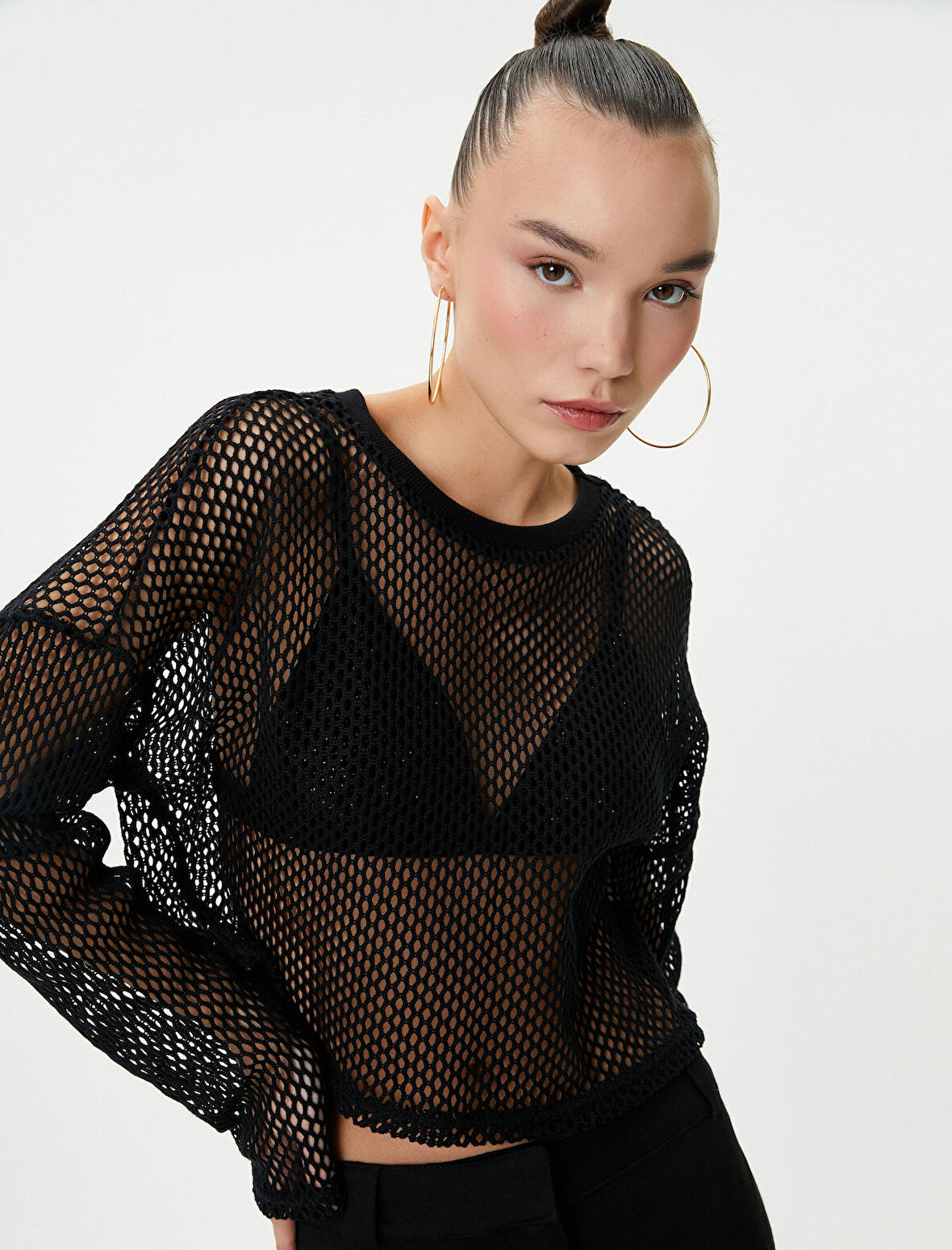 Crop File Tişört Uzun Kollu Bisiklet Yaka