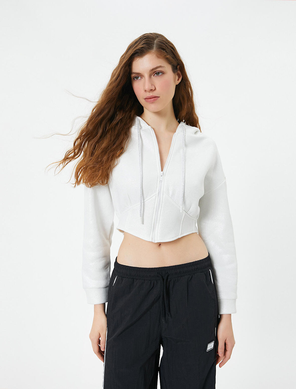 Crop Kapşonlu Sweatshirt Fermuarlı Korse Detaylı