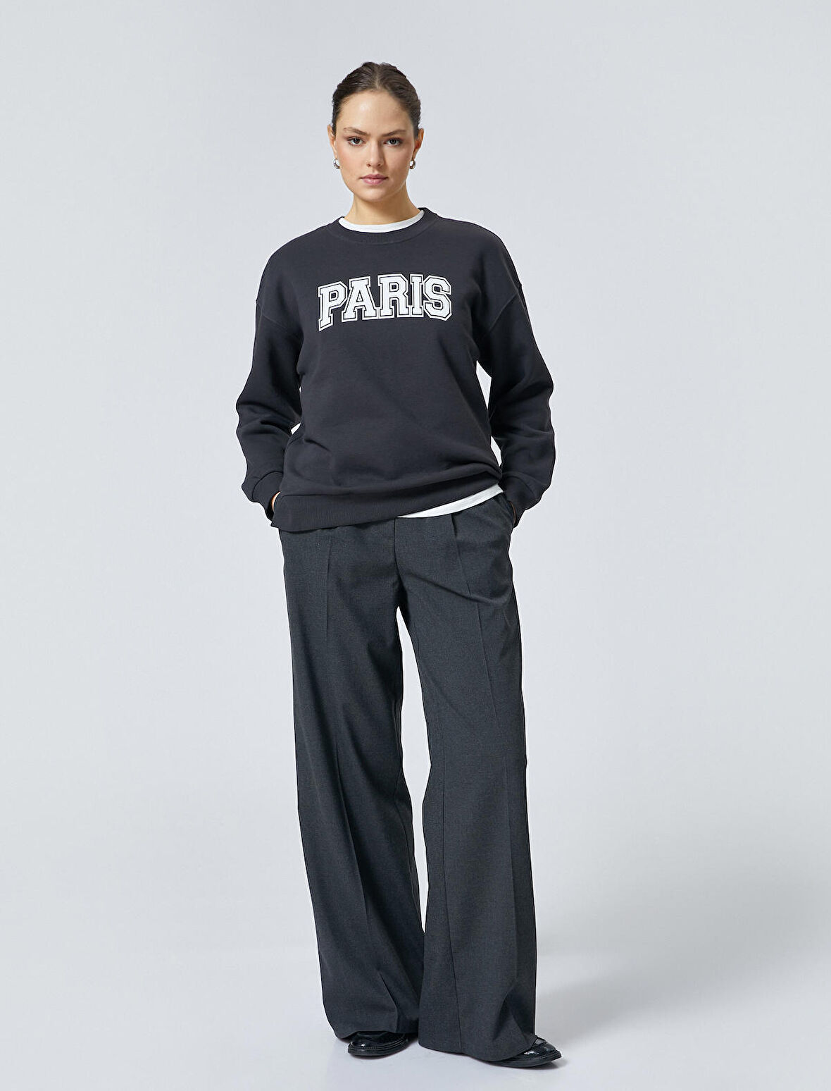 Oversize Sweatshirt Bisiklet Yaka Baskılı 