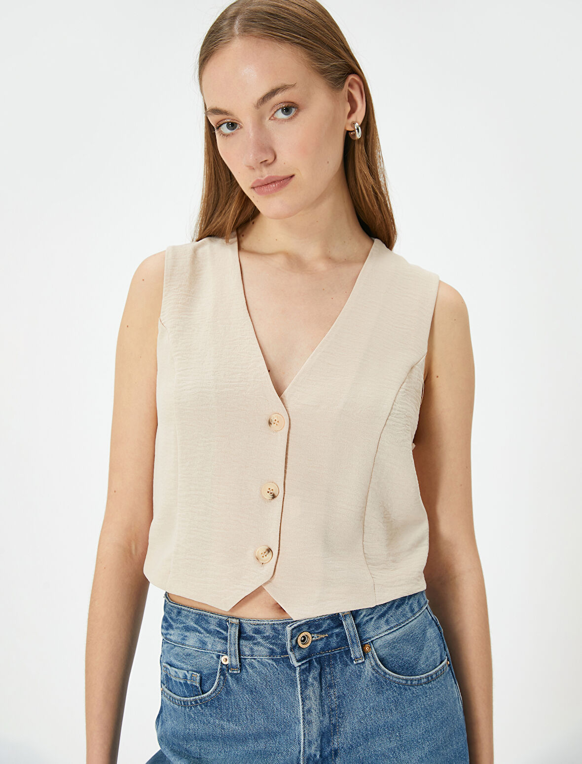 Crop Yelek Bluz İnce Aerobin Kumaş V Yaka Düğmeli