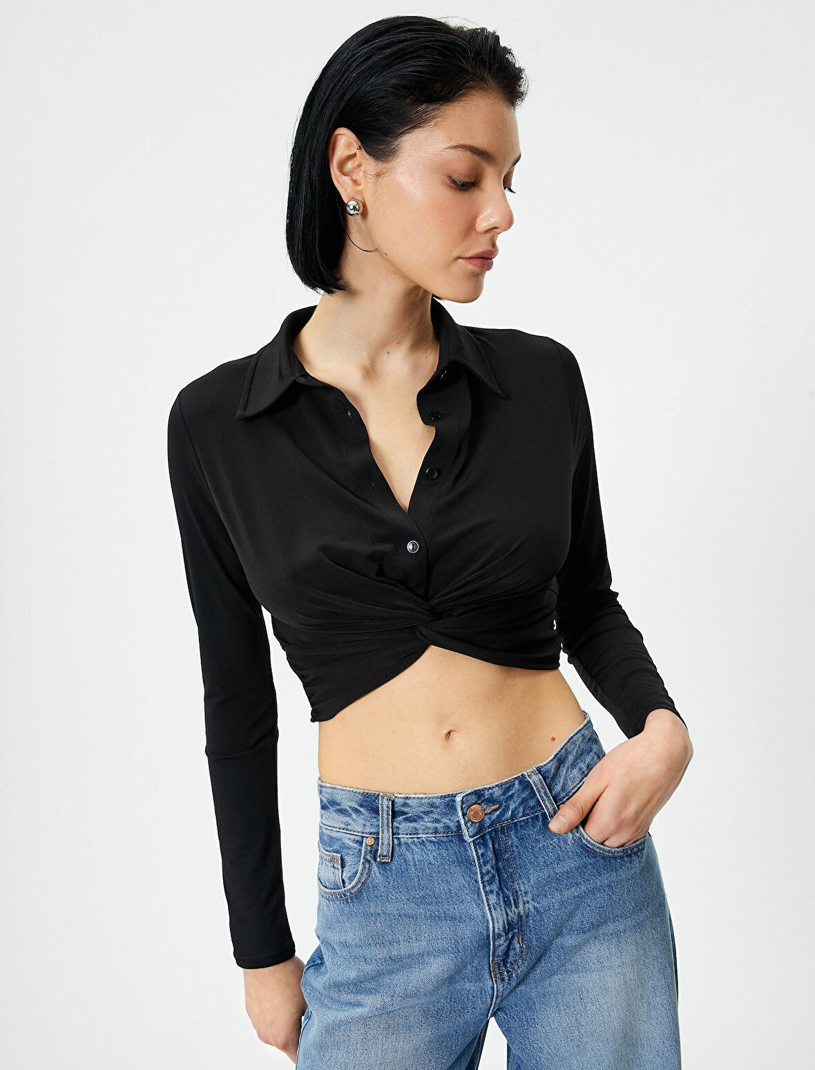 Crop Gömlek Slim Fit Bağlama Detaylı Klasik Yaka