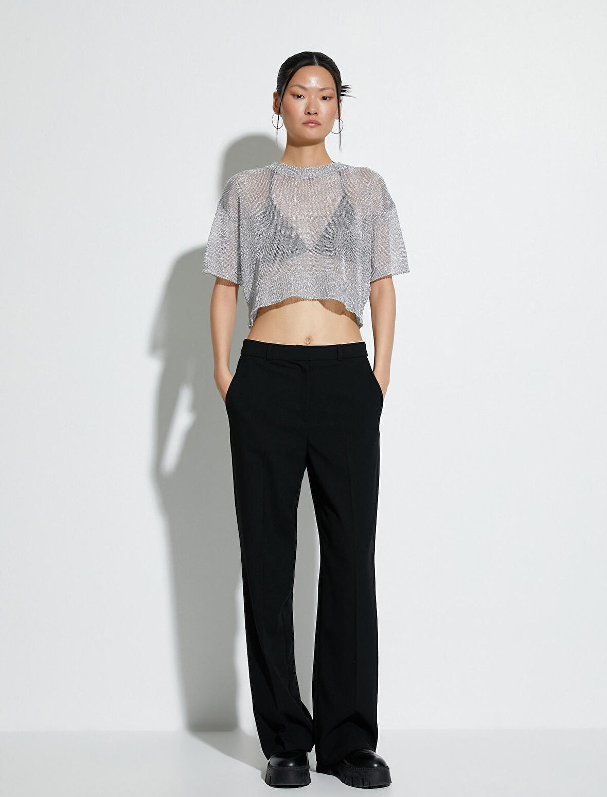 Crop Merserize Kazak Metalik Simli Kısa Kollu