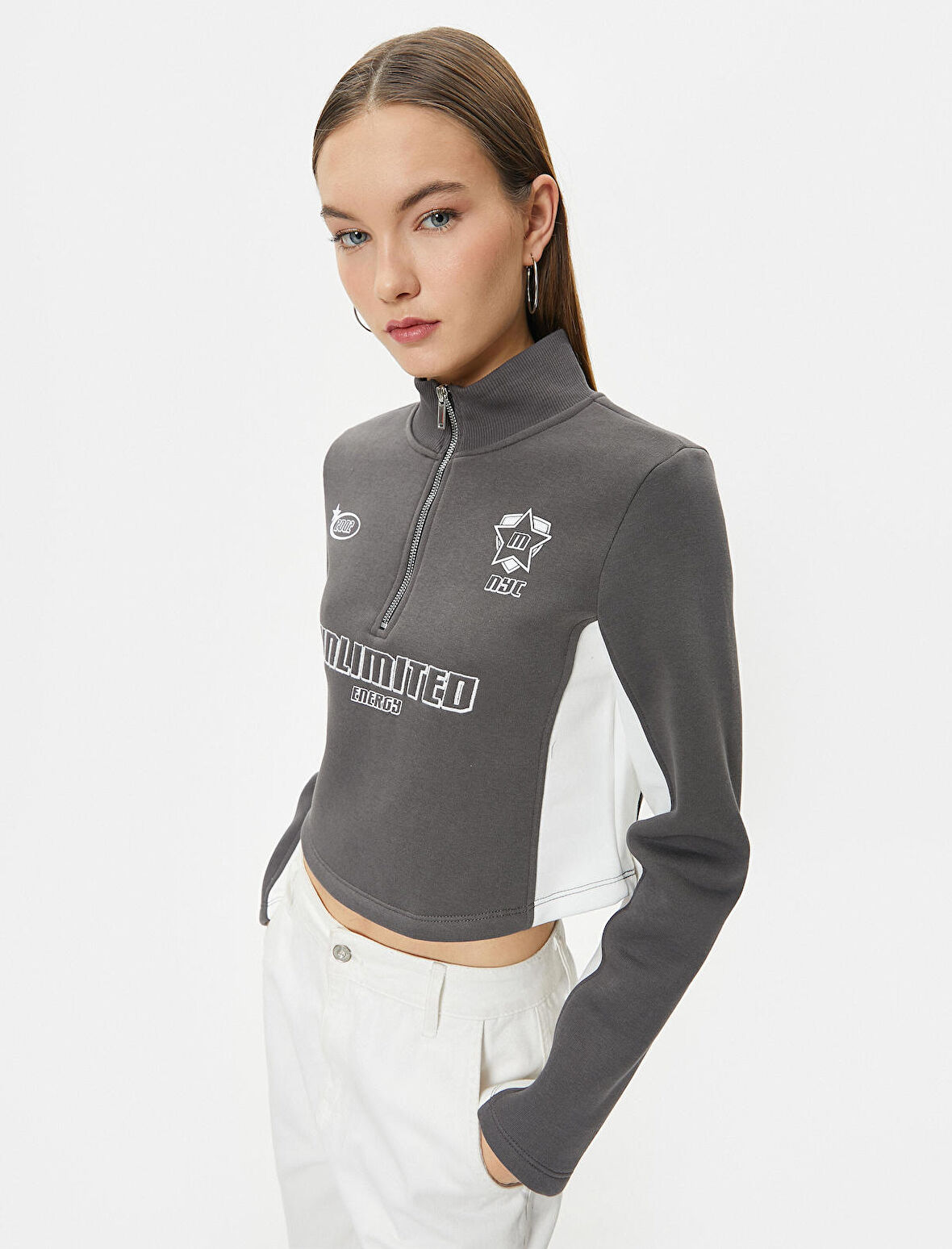 Yarım Fermuarlı Sweatshirt Crop Dik Yaka Renk Bloklu