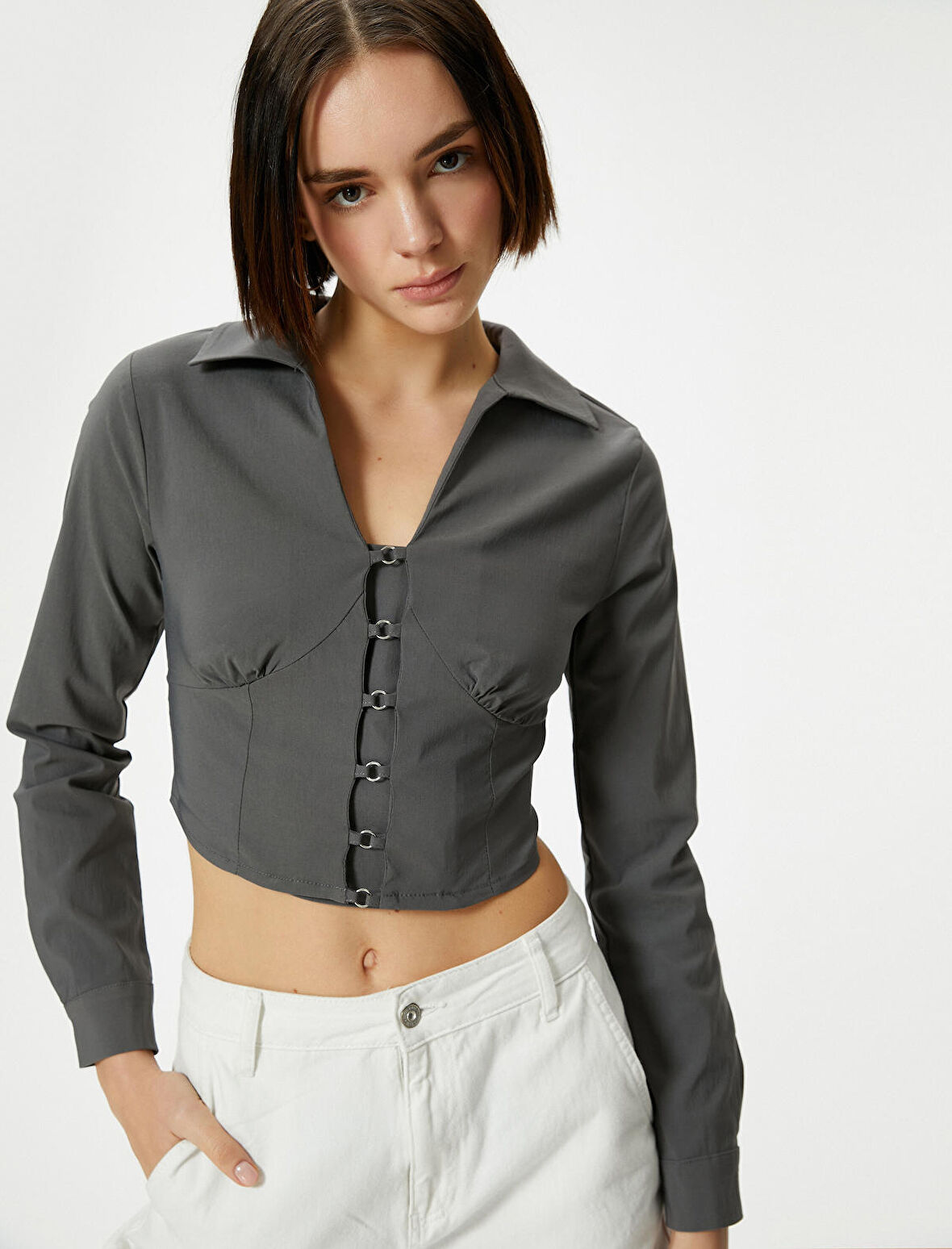 Gömlek Yaka Crop Bluz Slim Fit Uzun Kollu Korse Görünümlü