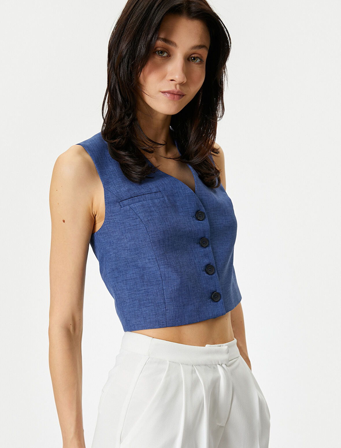 Crop Yelek V Yaka Düğmeli Fleto Cepli