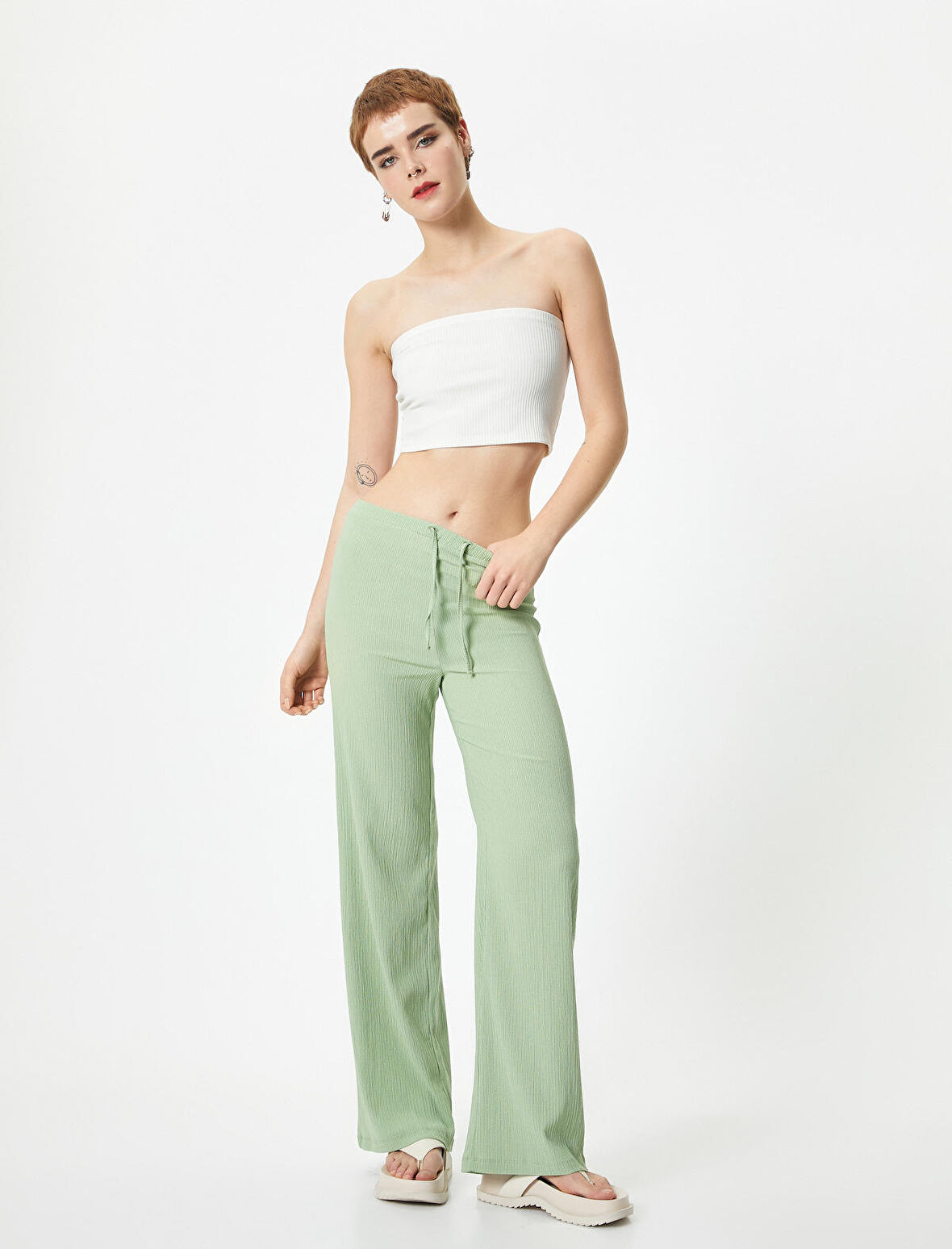 Bol Paça Pantolon Beli Bağlamalı Fitilli