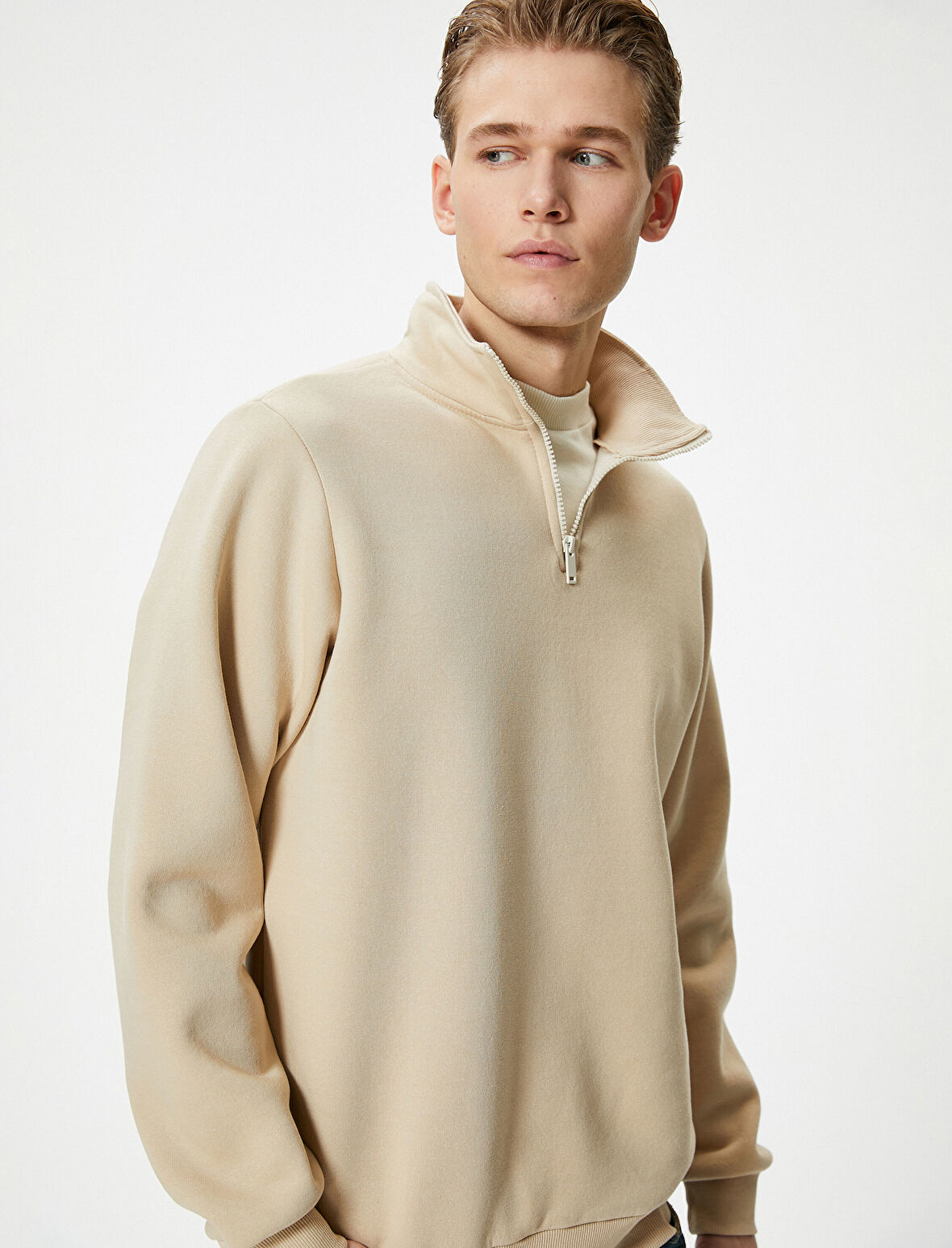 Yarım Fermuarlı Sweatshirt Basic Dik Yaka Ribanalı Uzun Kollu