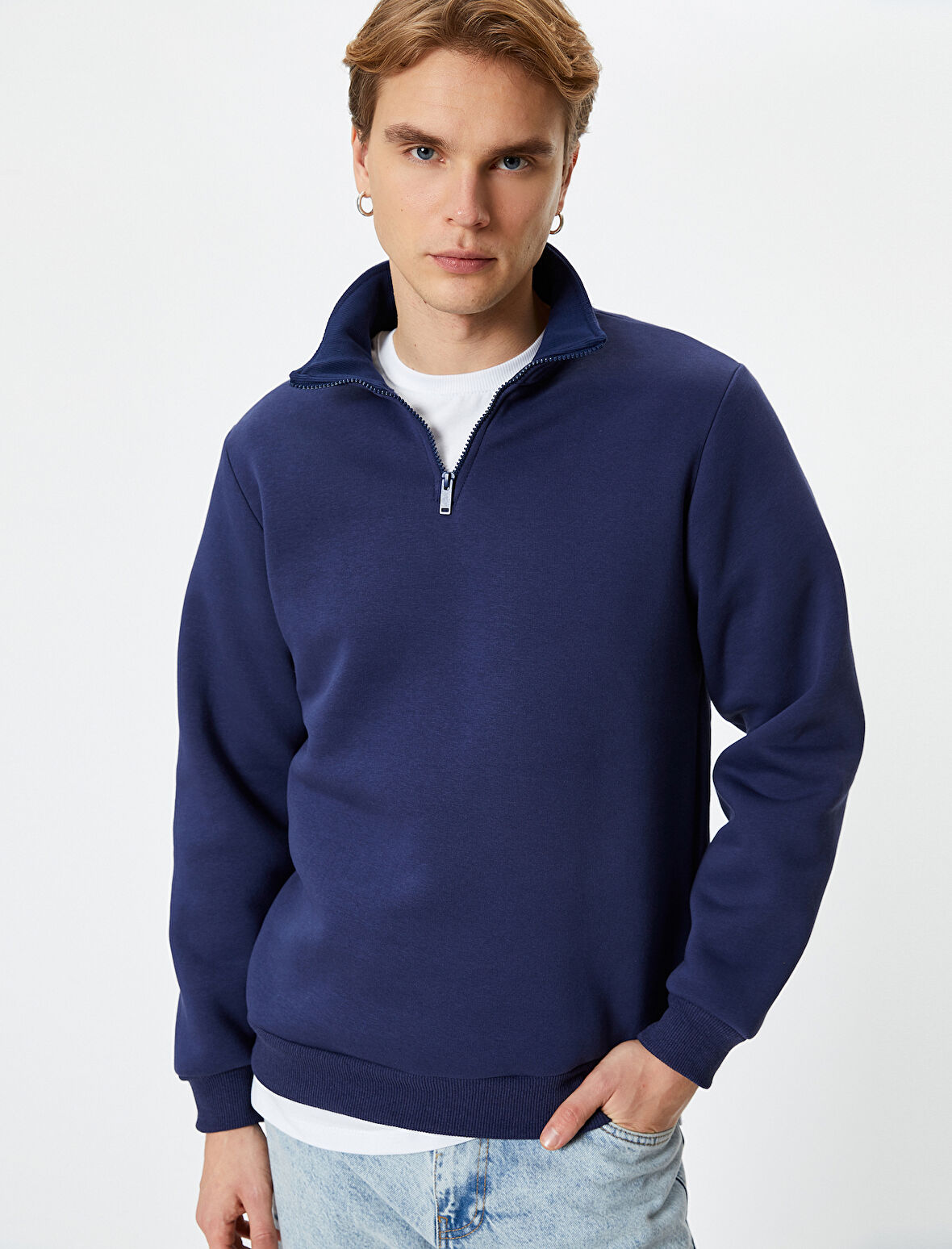 Yarım Fermuarlı Sweatshirt Basic Dik Yaka Ribanalı Uzun Kollu