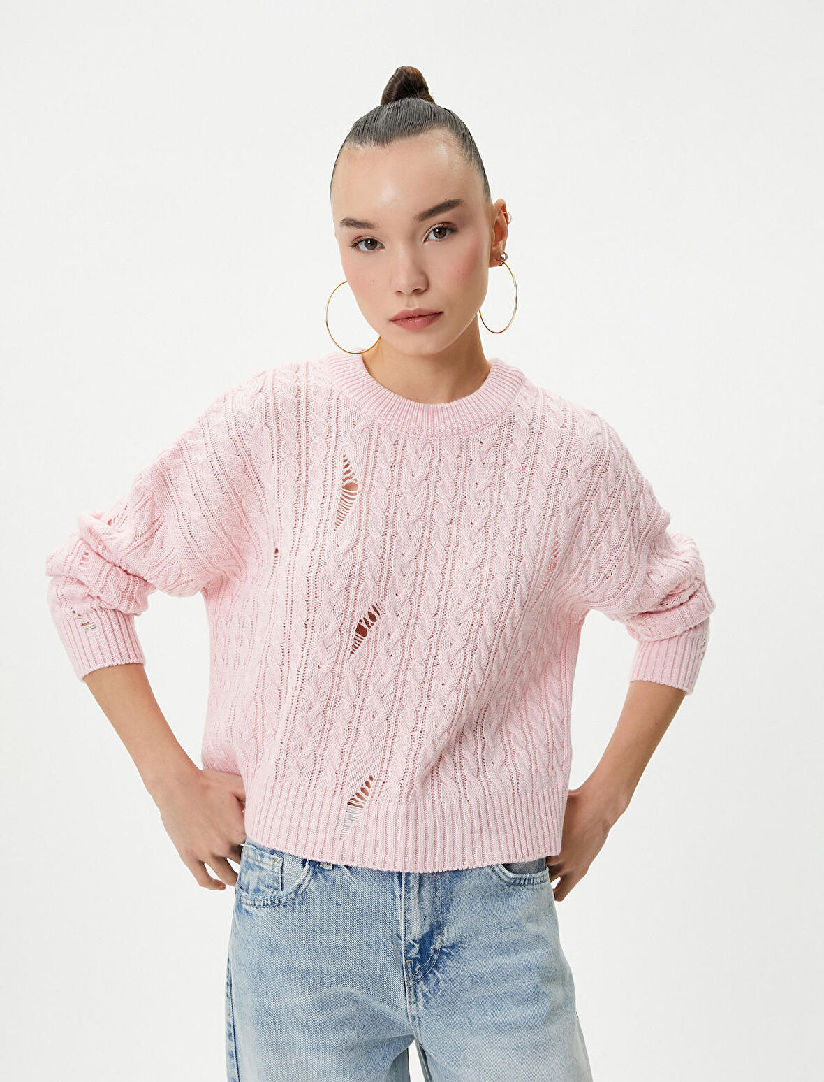 Triko Kazak Saç Örgü Detaylı Yıpratılmış Bisiklet Yaka 