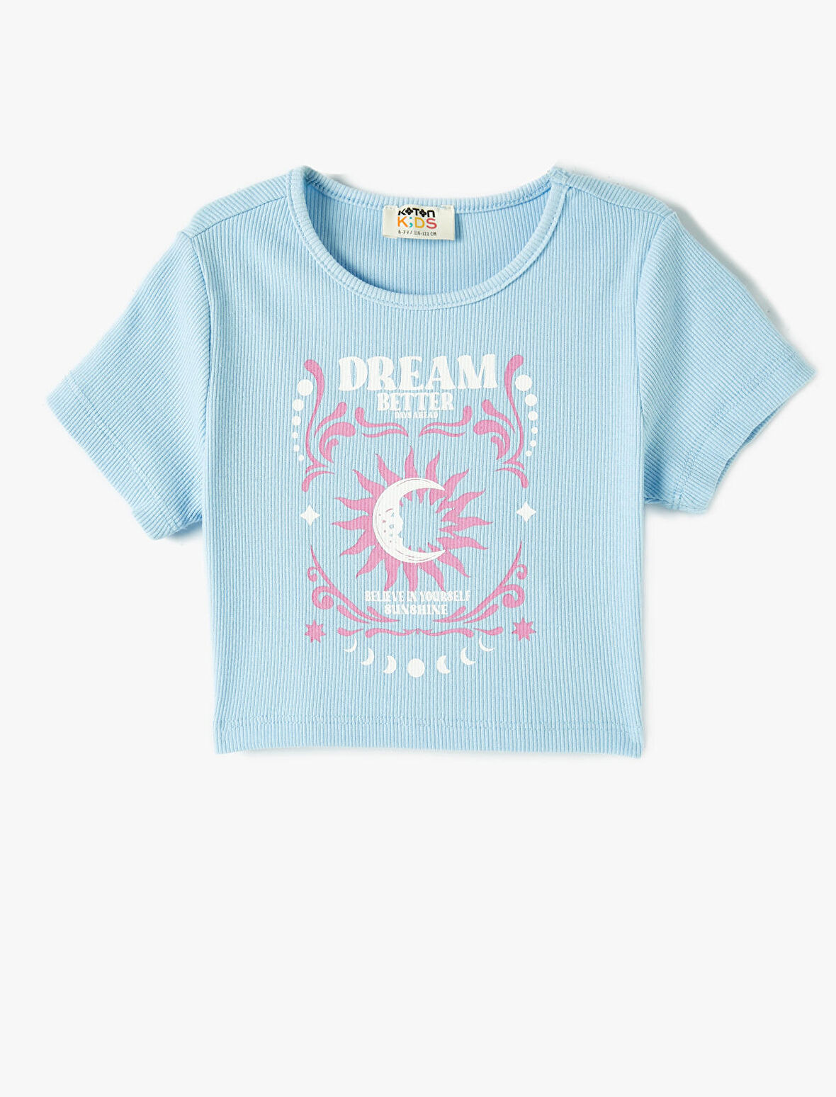 Crop Tişört Baskılı Ribanalı Kısa Kollu Bisiklet Yaka 