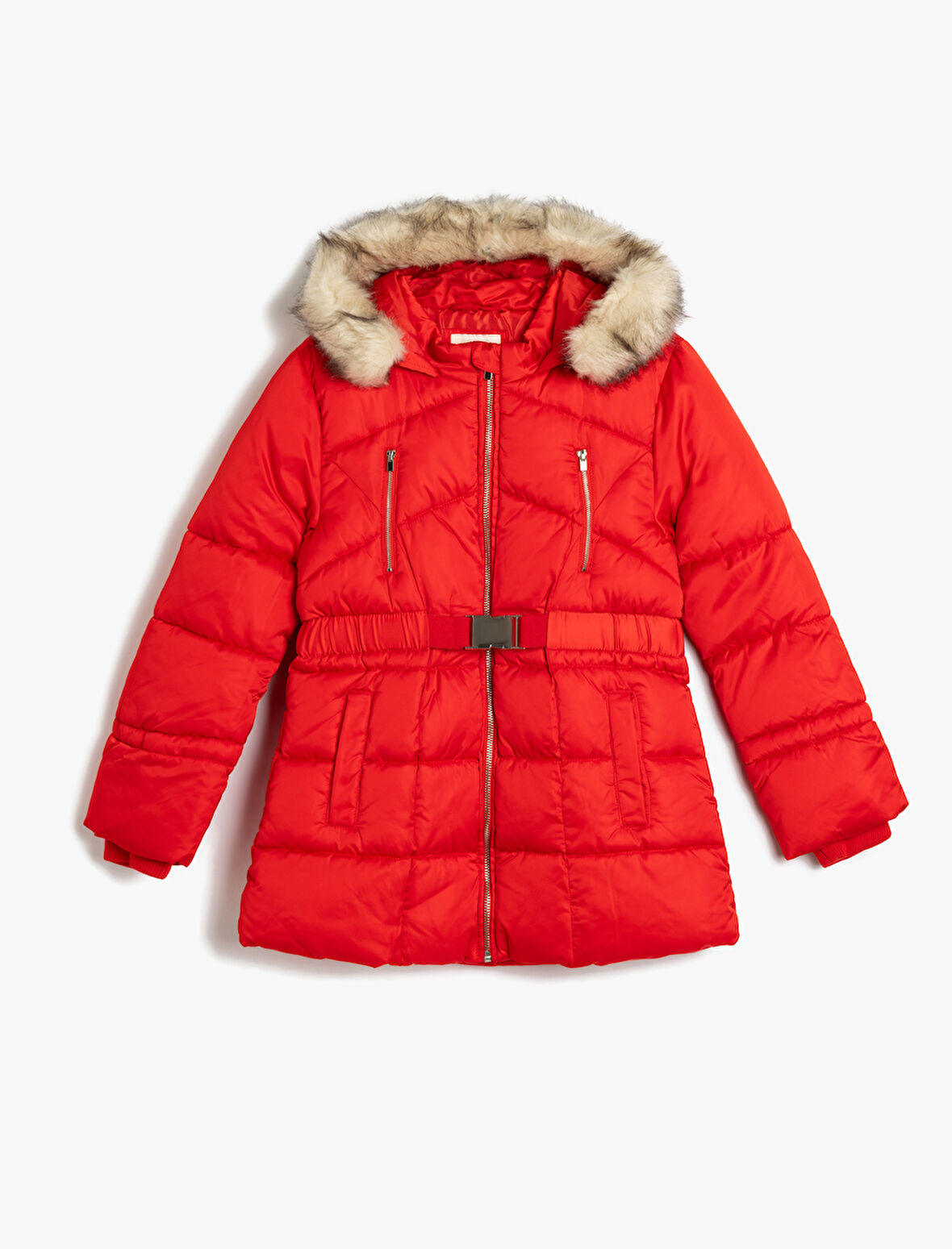 Şişme Kaban Suni Kürk Detaylı Kapşonlu Cepli Fermuarlı Kemer Detaylı 