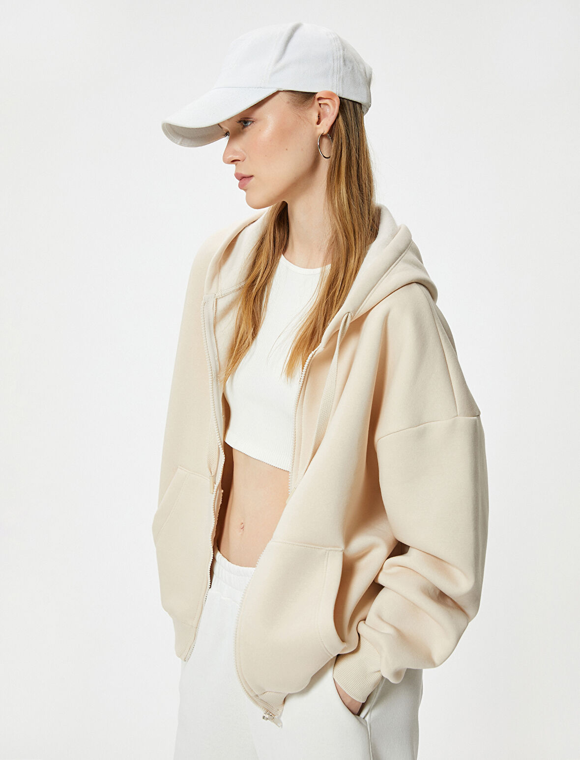 Kapüşonlu Fermuarlı Oversize Sweatshirt Kanguru Cepli