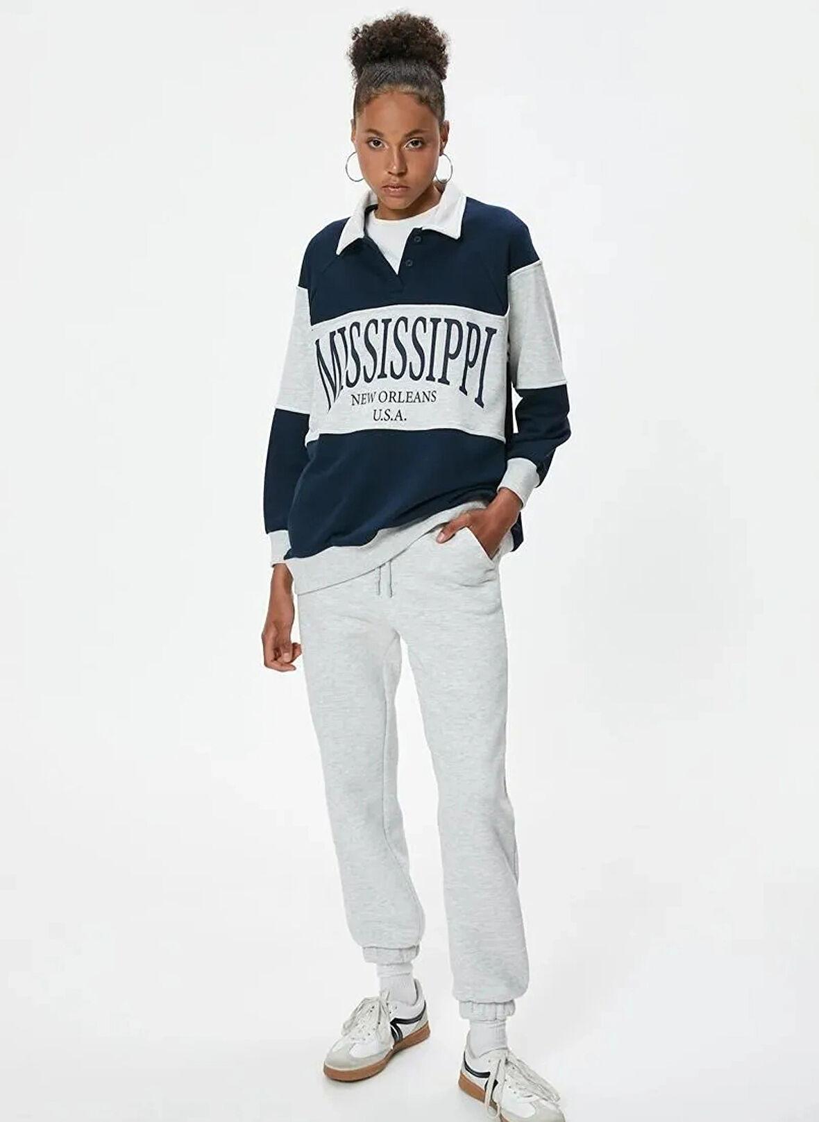 Koton Polo Yaka Lacivert Kadın Sweatshırt 5WAL10022IK