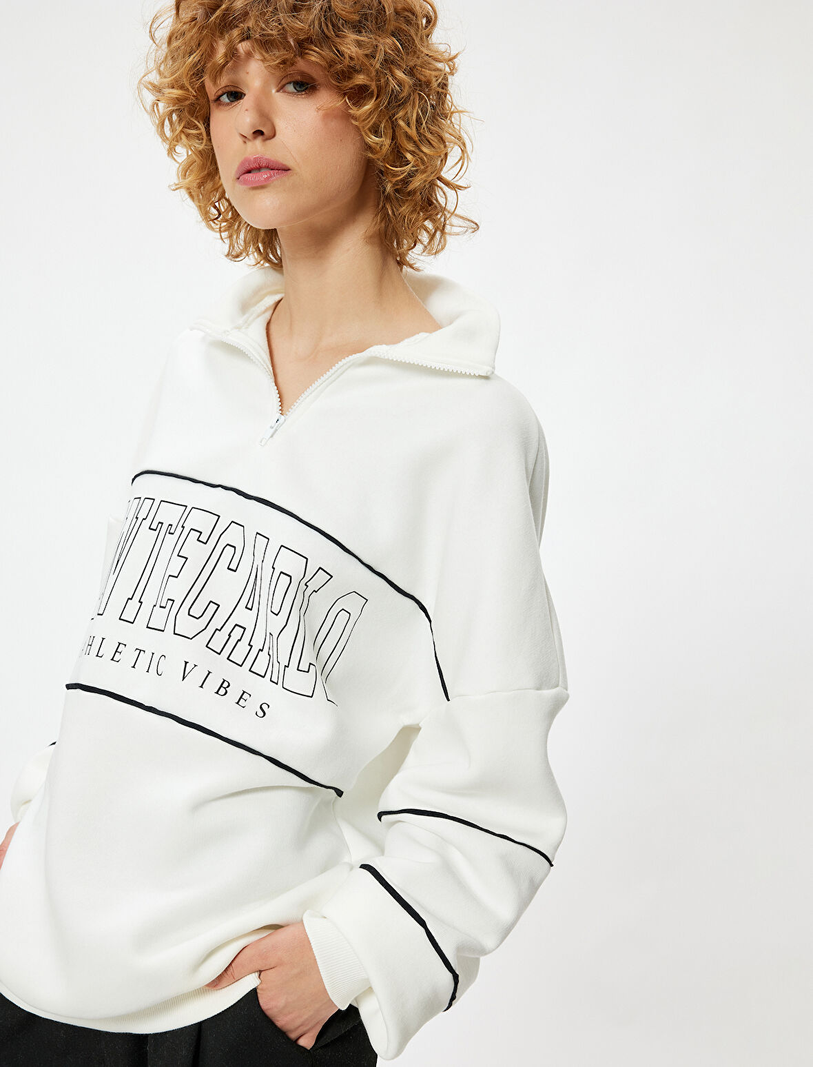Oversize Sweatshirt Yarım Fermuarlı Kolej Baskılı Şardonlu