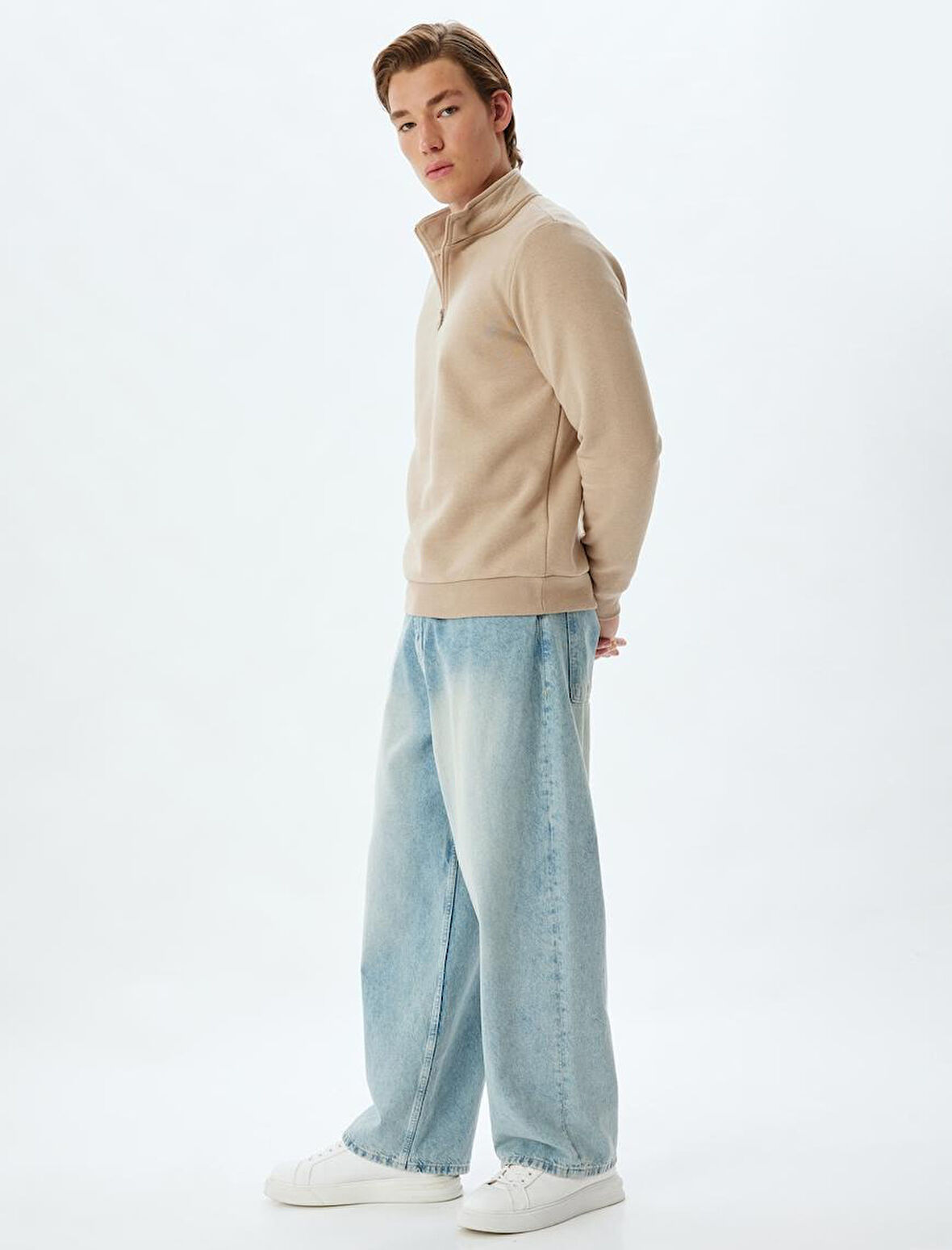 Yarım Fermuarlı Yaka Sweatshirt Uzun Kollu Pamuk Karışımlı
