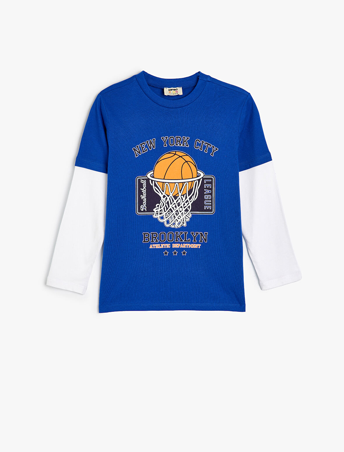 Basket Temalı Baskılı Uzun Kollu Bisiklet Yaka Pamuklu Tişört