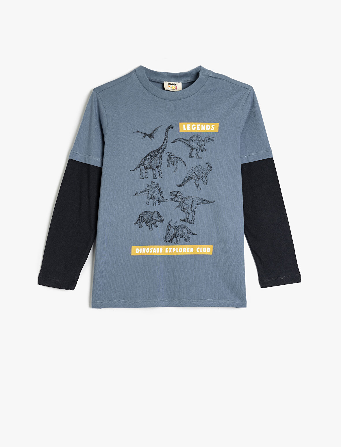 Tişört Dinozor Baskılı Uzun Kollu Bisiklet Yaka Pamuklu