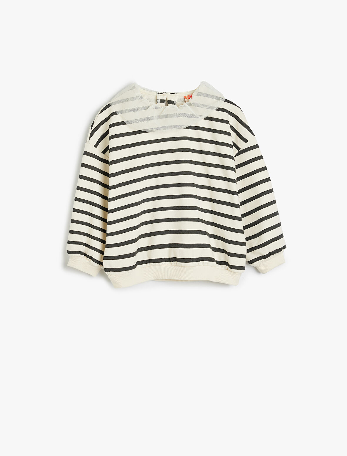 Çizgili Sweatshirt Tül Yaka Detaylı Uzun Kollu Şardonlu Pamuklz